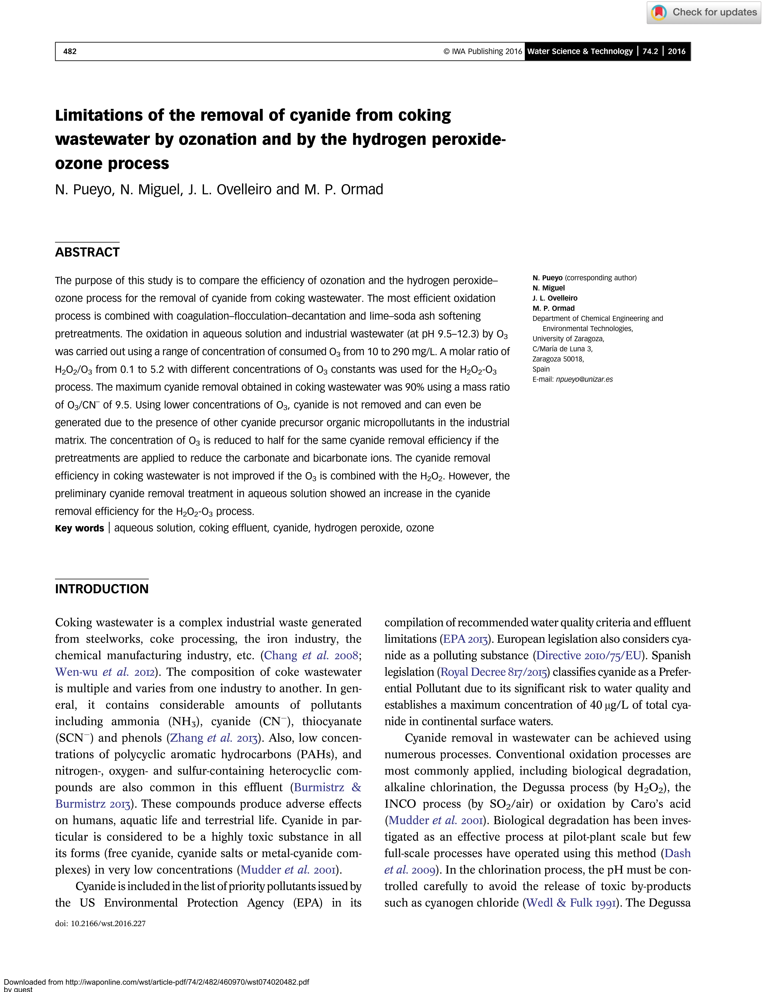 Limitations of the removal of cyanide from coking wastewater by ozonation and by the hydrogen peroxideozone process