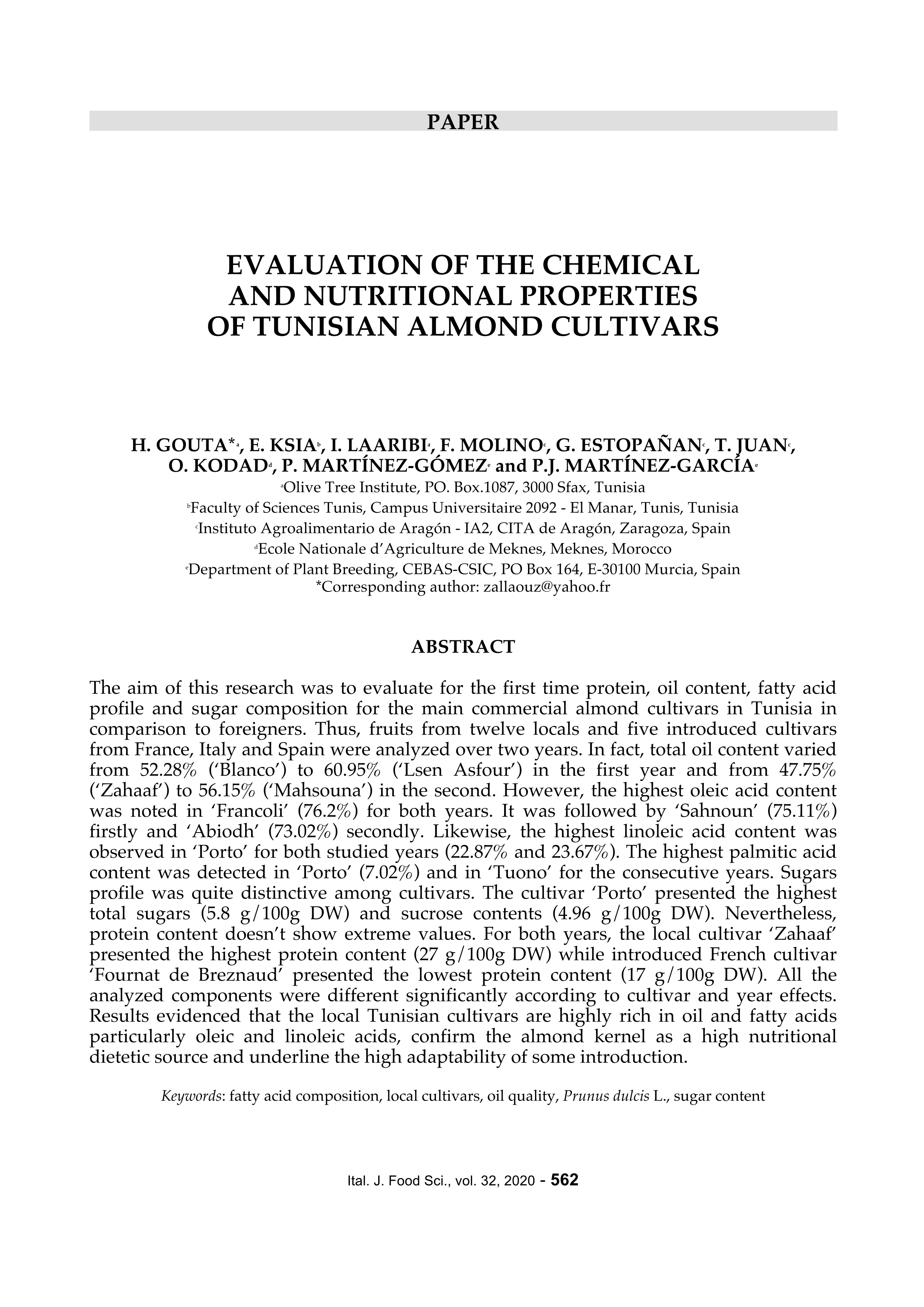 Evaluation of the chemical and nutritional properties of tunisian almond cultivars