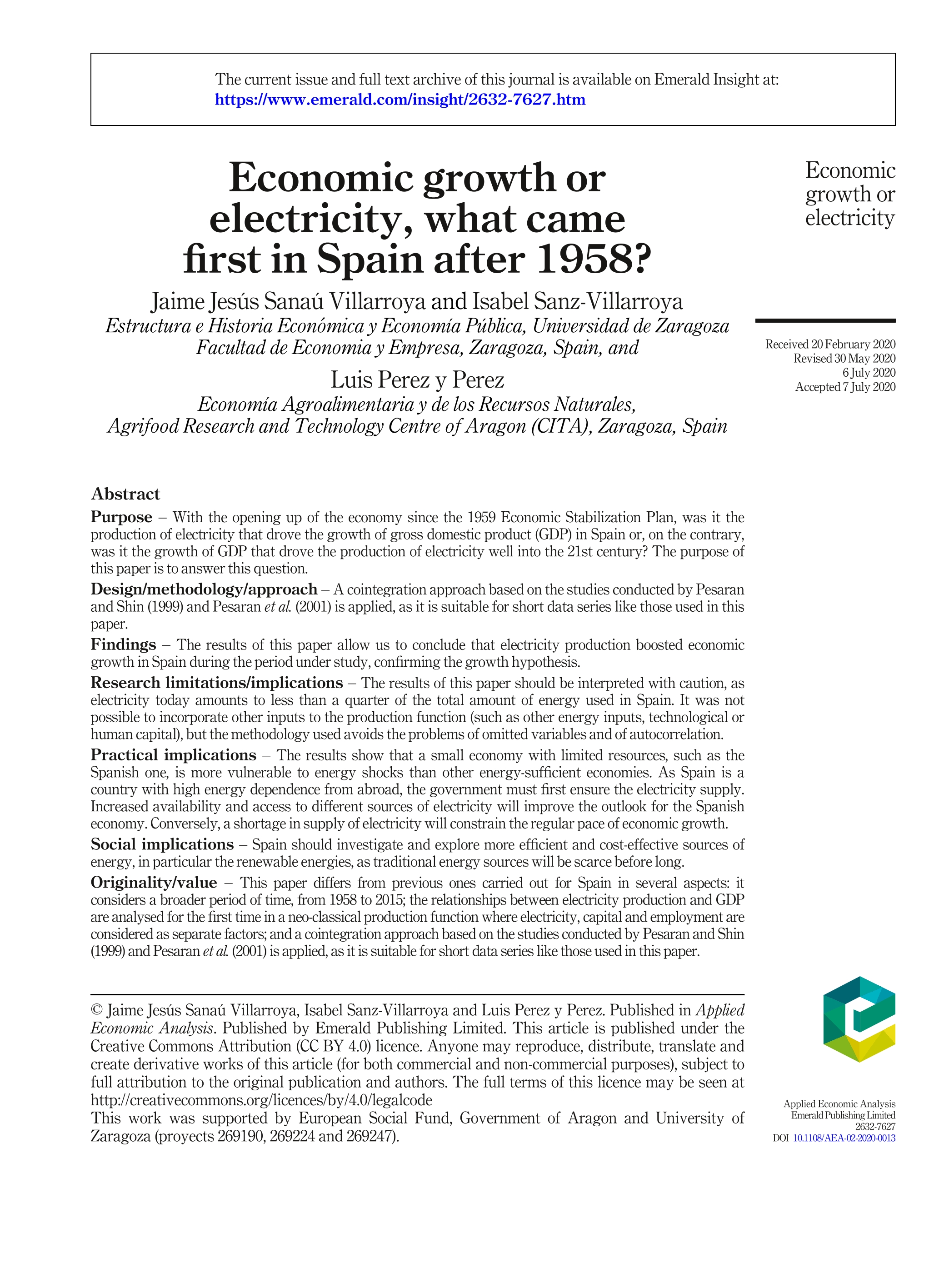 Economic Growth or Electricity, what come First in Spain after 1958?