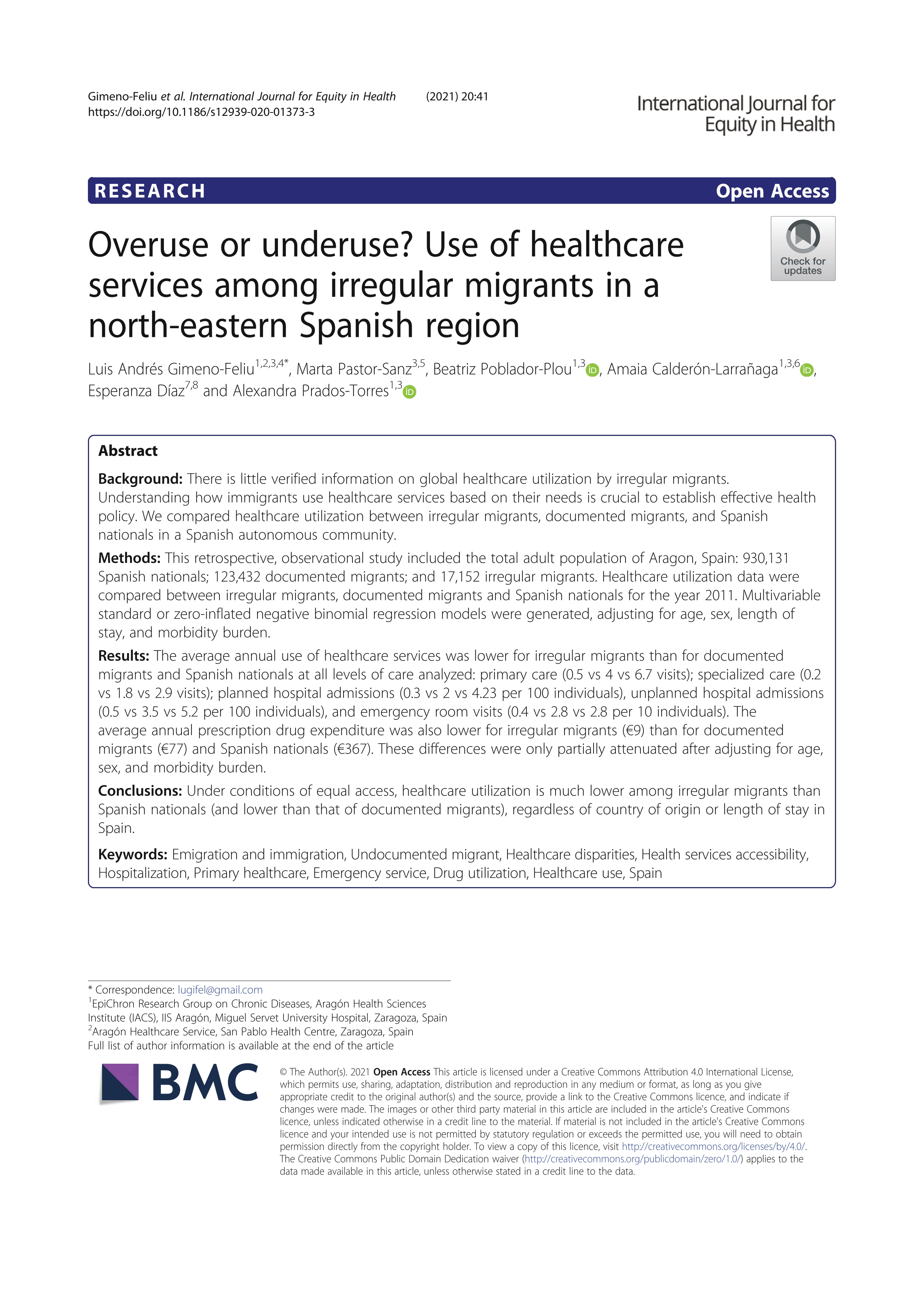 Overuse or underuse? Use of healthcare services among irregular migrants in a north-eastern Spanish region