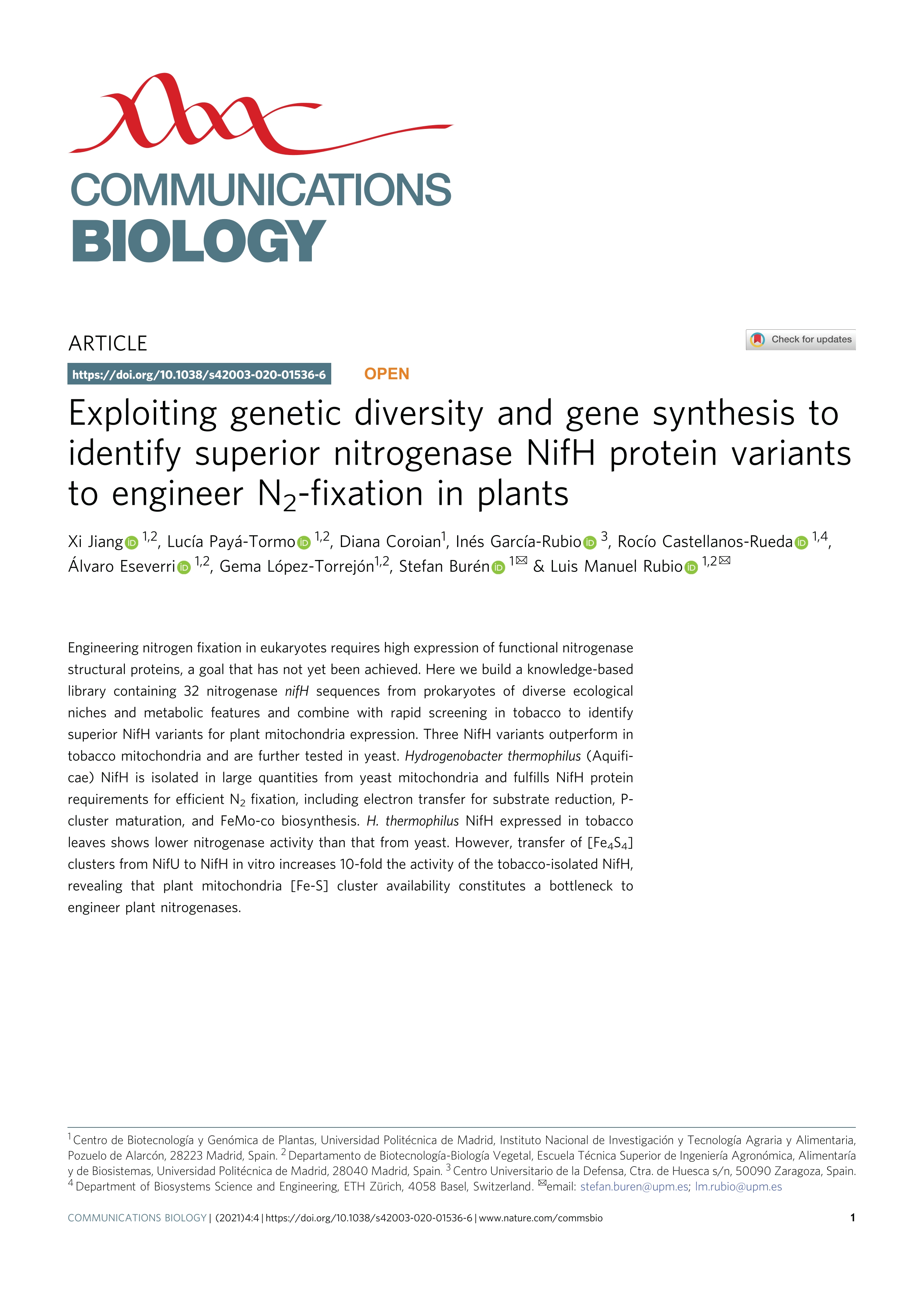 Exploiting genetic diversity and gene synthesis to identify superior nitrogenase NifH protein variants to engineer N2-fixation in plants