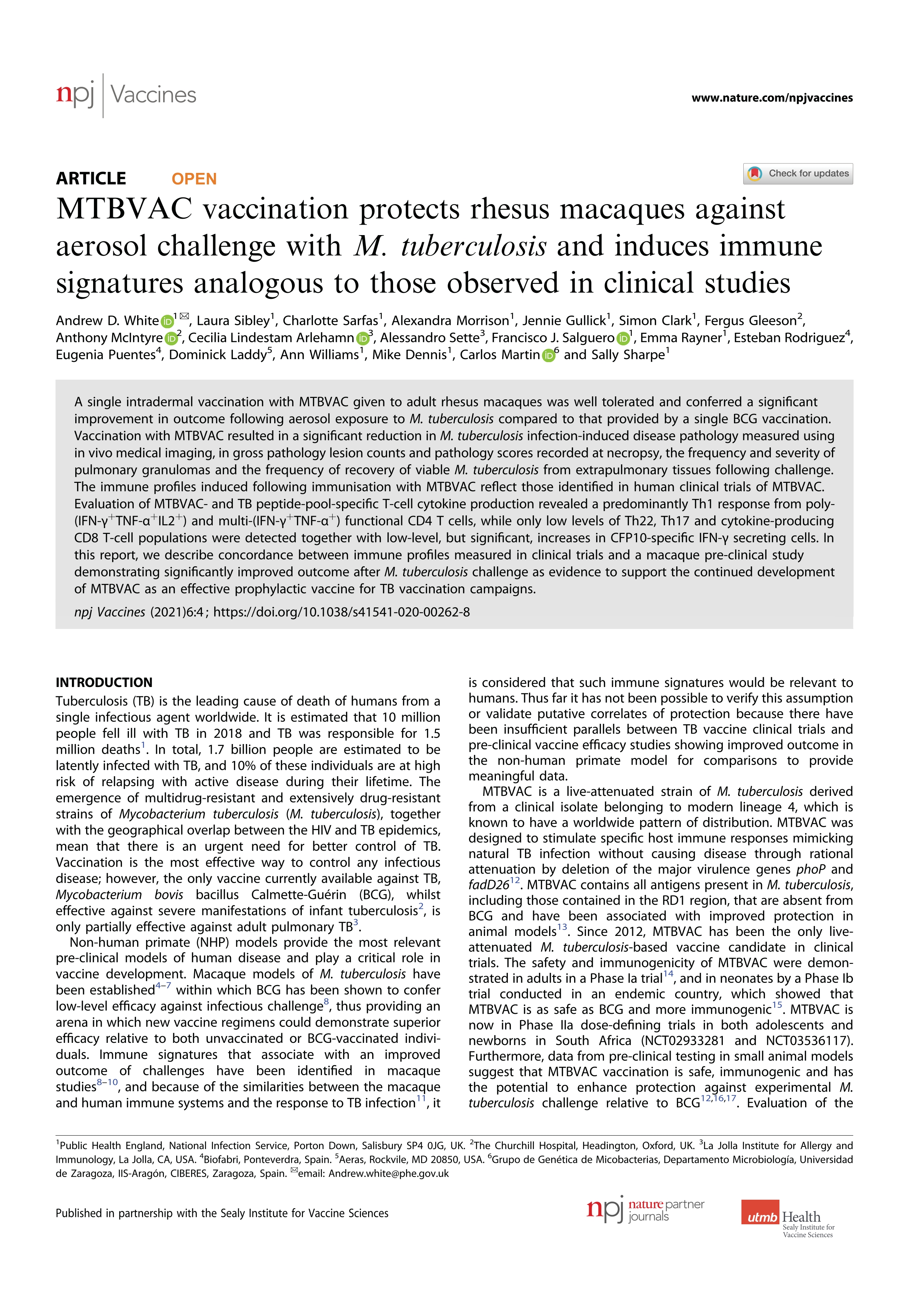 MTBVAC vaccination protects rhesus macaques against aerosol challenge with M. tuberculosis and induces immune signatures analogous to those observed in clinical studies