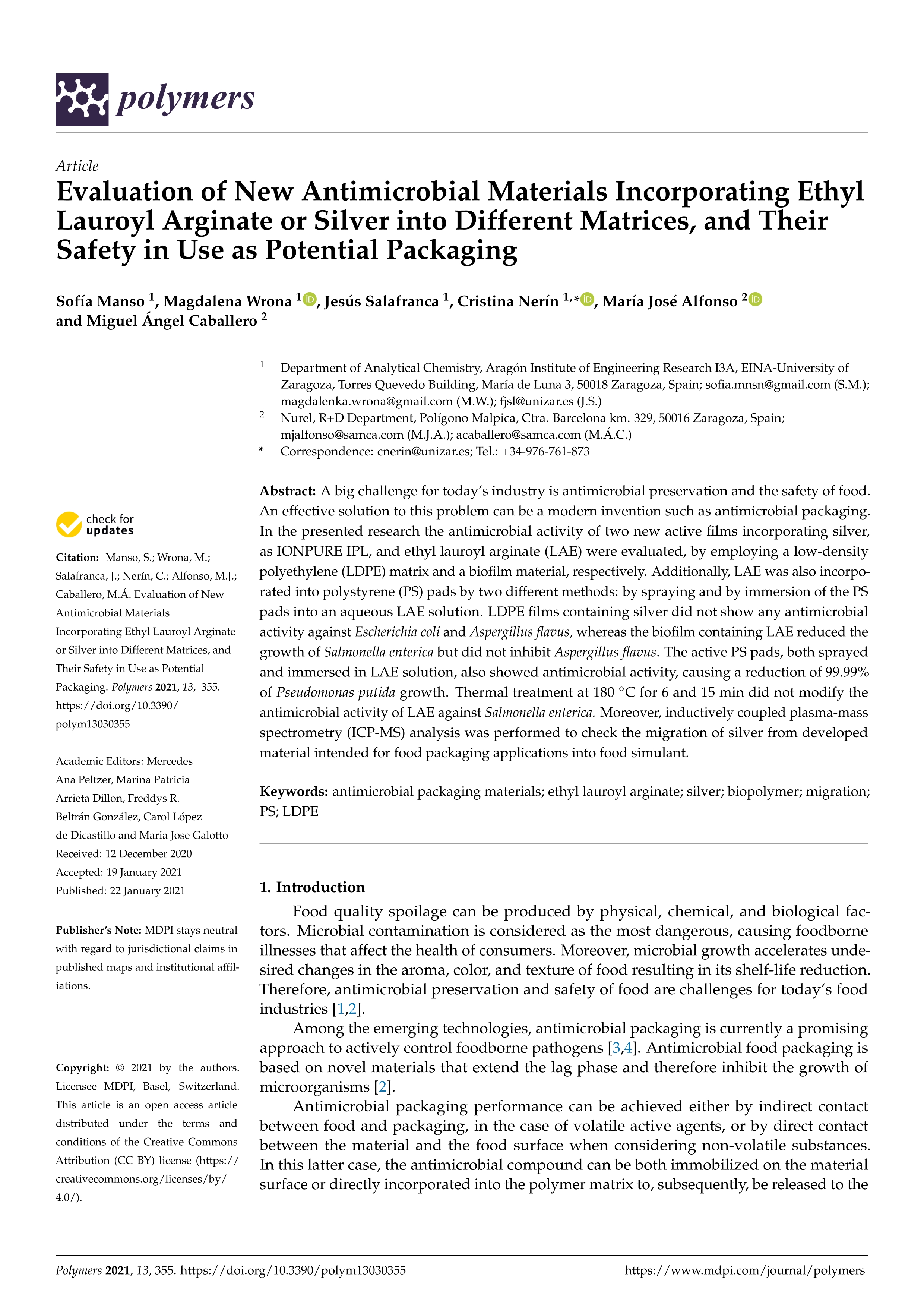 Evaluation of new antimicrobial materials incorporating ethyl lauroyl arginate or silver into different matrices, and their safety in use as potential packaging