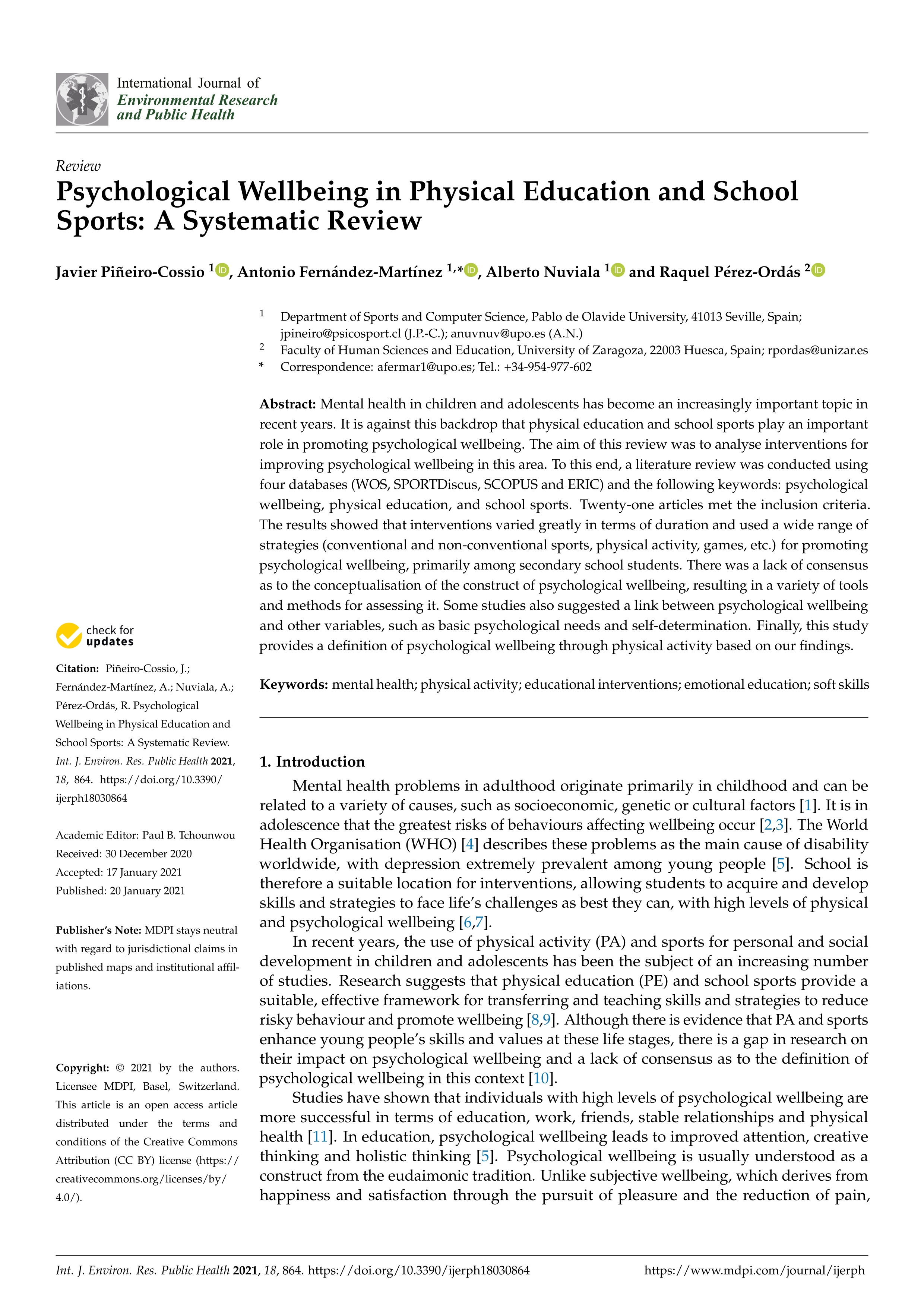 Psychological wellbeing in physical education and school sports: A systematic review