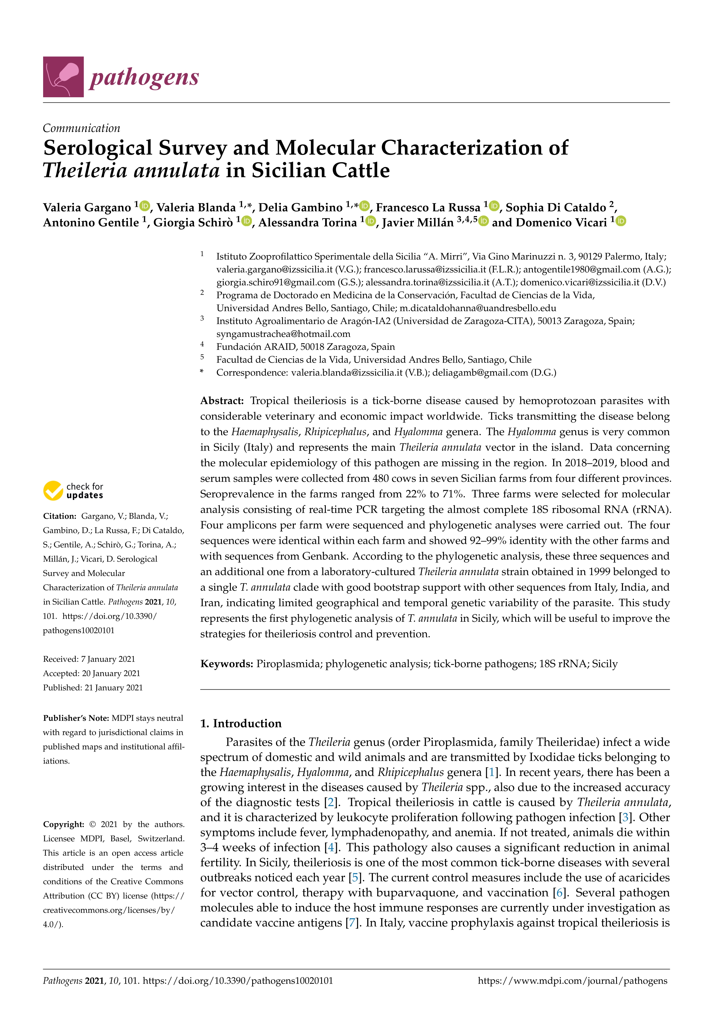 Serological survey and molecular characterization of theileria annulata in sicilian cattle