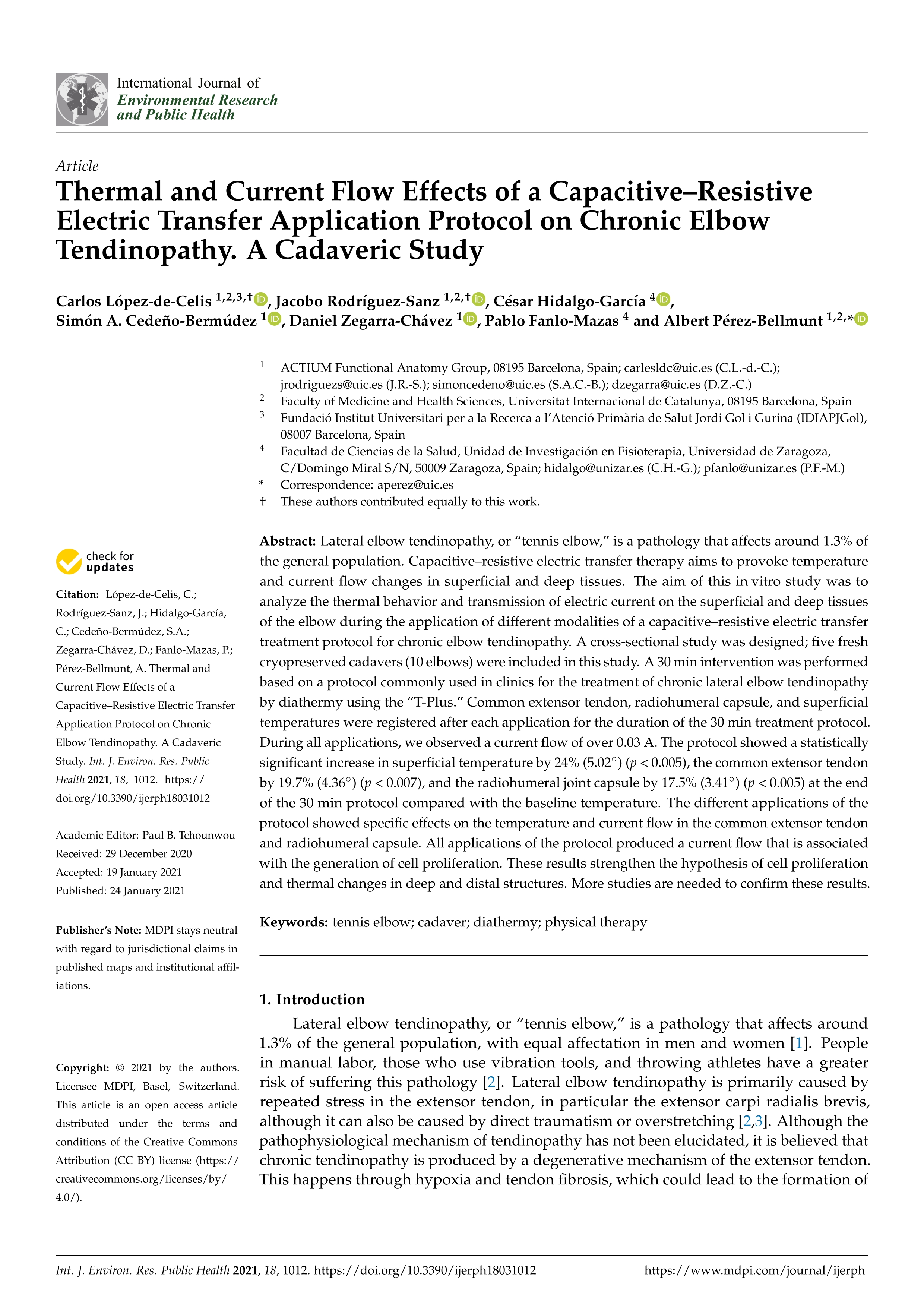 Thermal and current flow effects of a capacitive–resistive electric transfer application protocol on chronic elbow tendinopathy. A cadaveric study