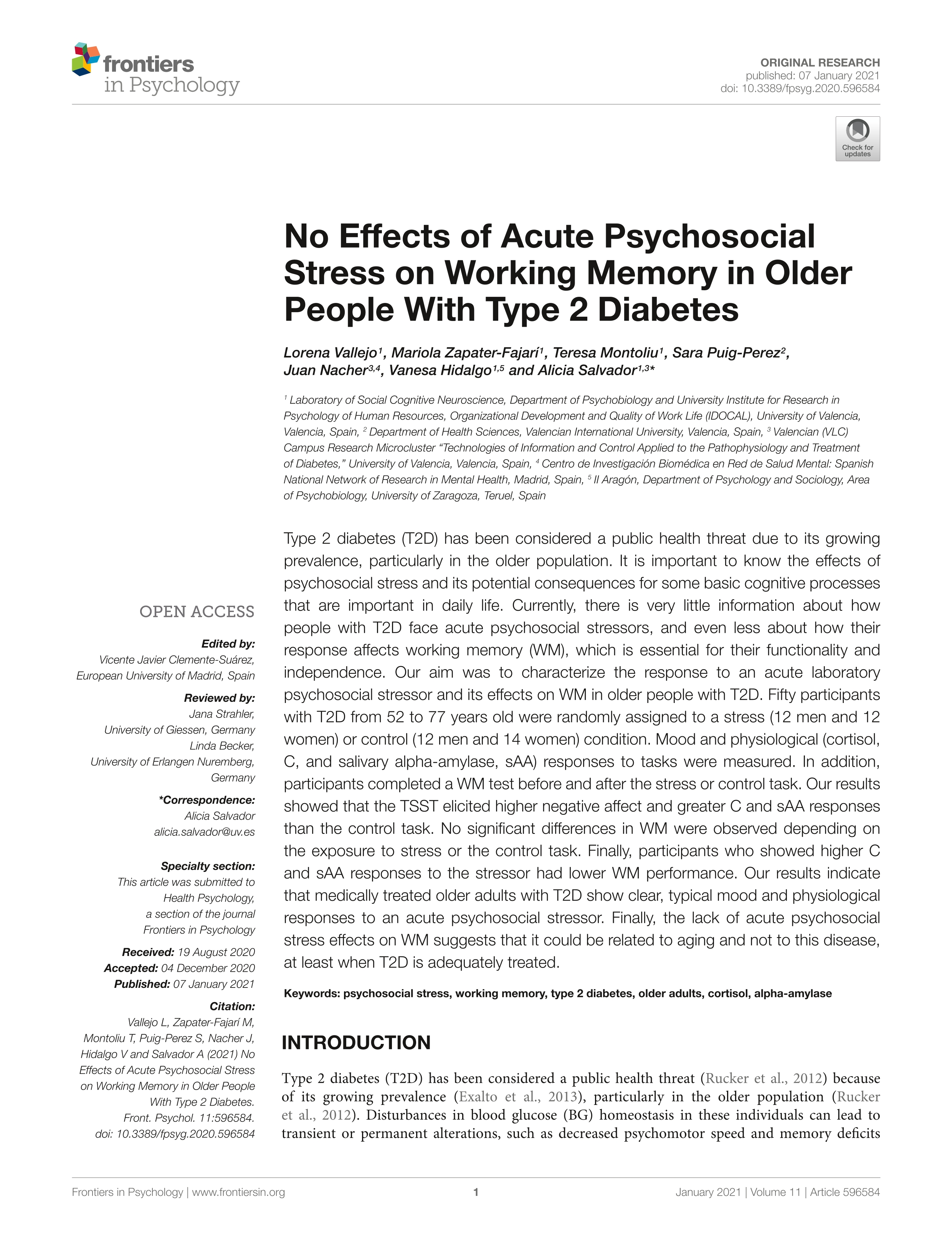 No Effects of Acute Psychosocial Stress on Working Memory in Older People With Type 2 Diabetes