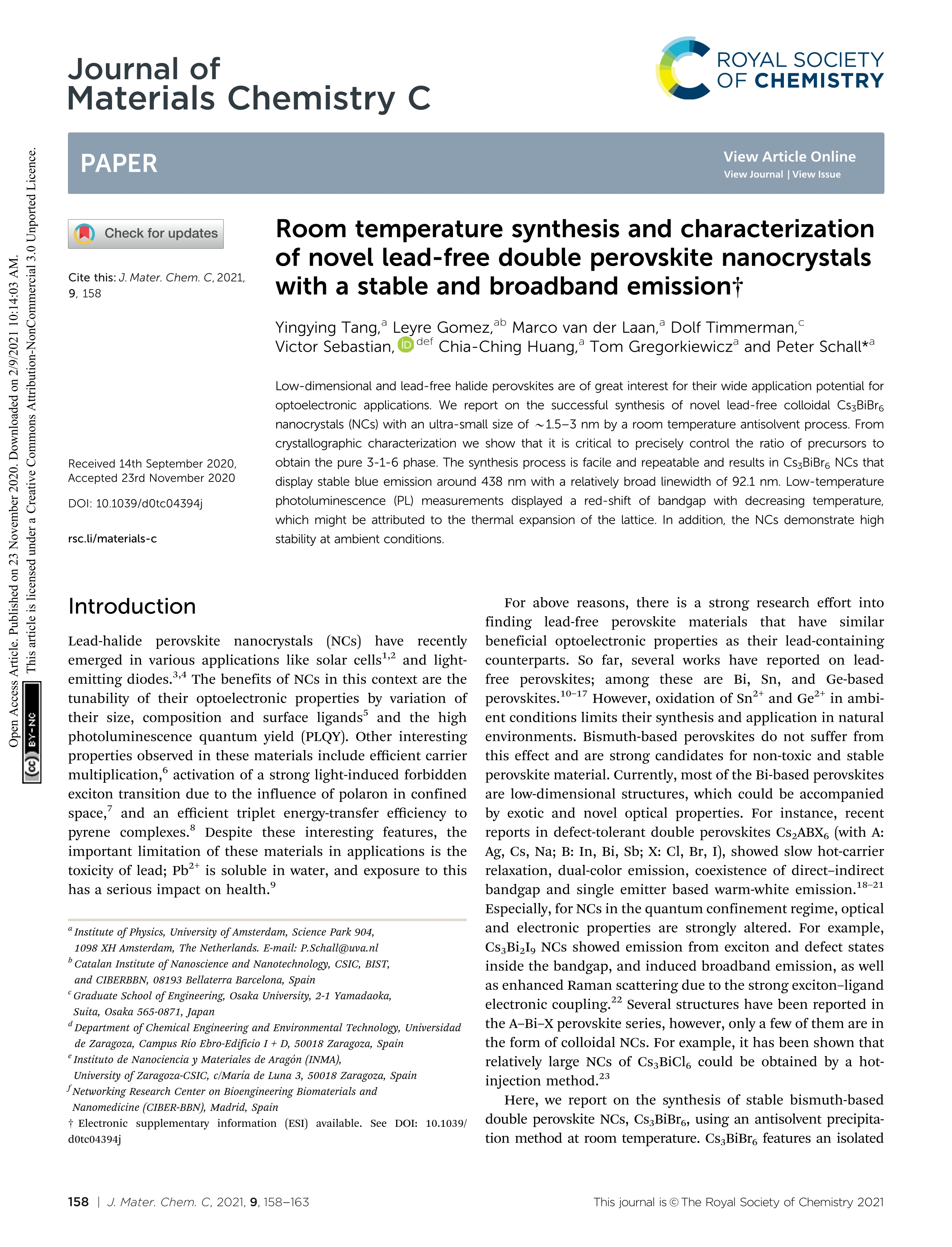 Room temperature synthesis and characterization of novel lead-free double perovskite nanocrystals with a stable and broadband emission