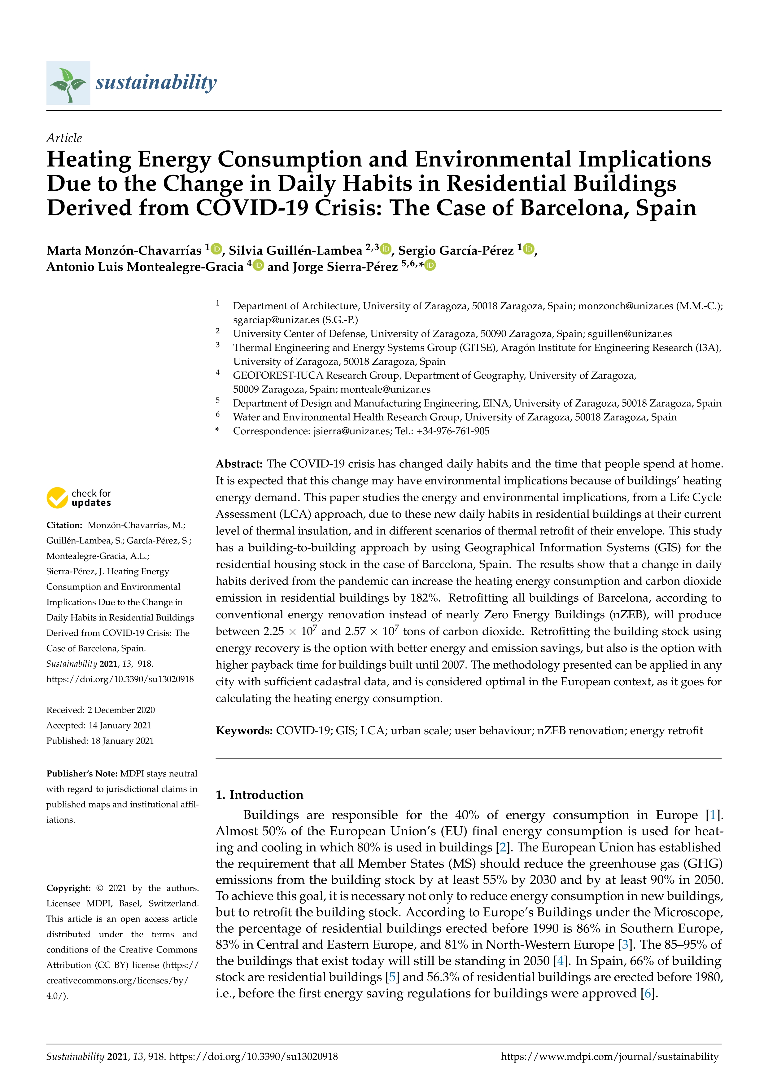 Heating energy consumption and environmental implications due to the change in daily habits in residential buildings derived from COVID-19 crisis: The case of Barcelona, Spain