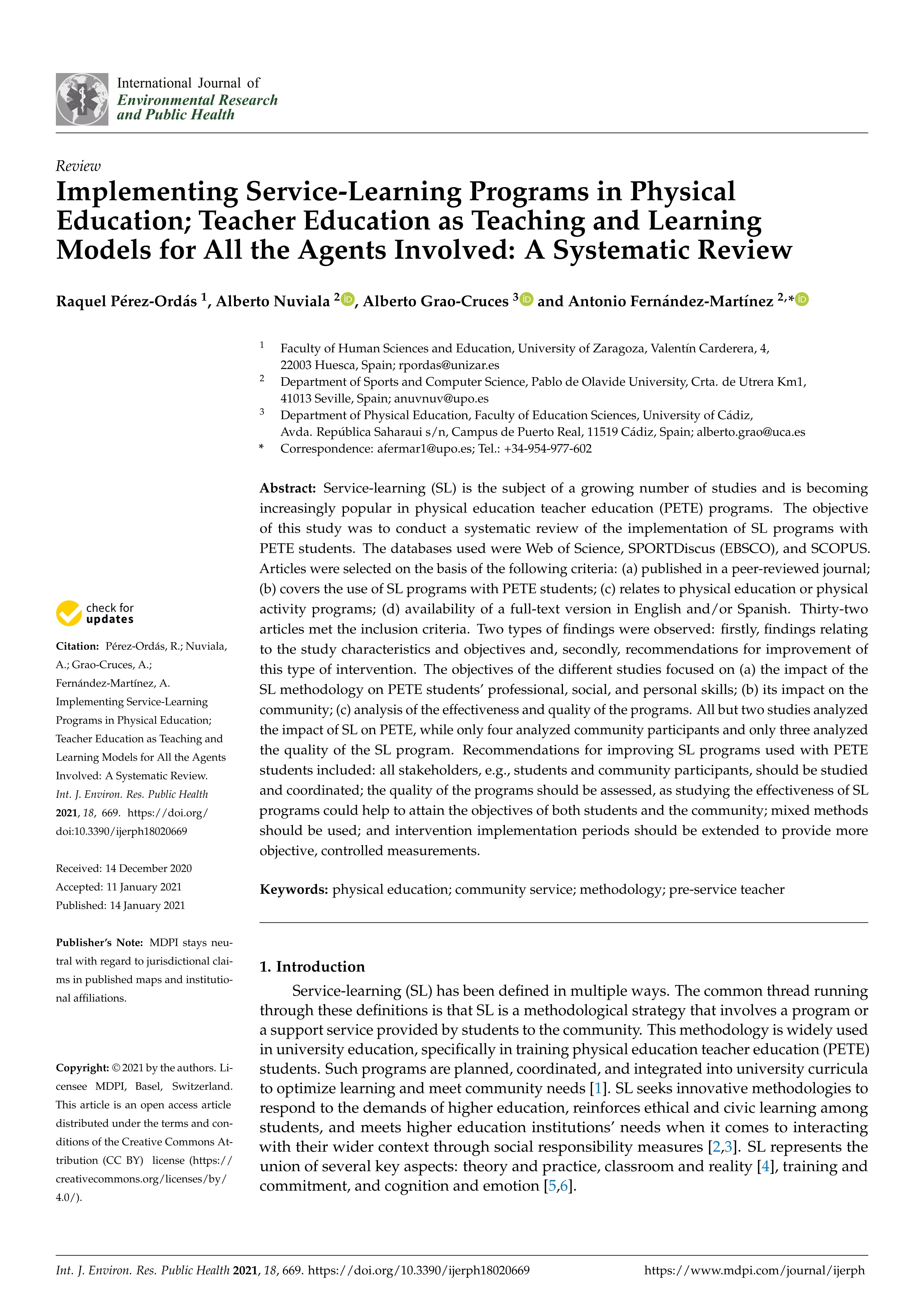Implementing service-learning programs in physical education; teacher education as teaching and learning models for all the agents involved: A systematic review