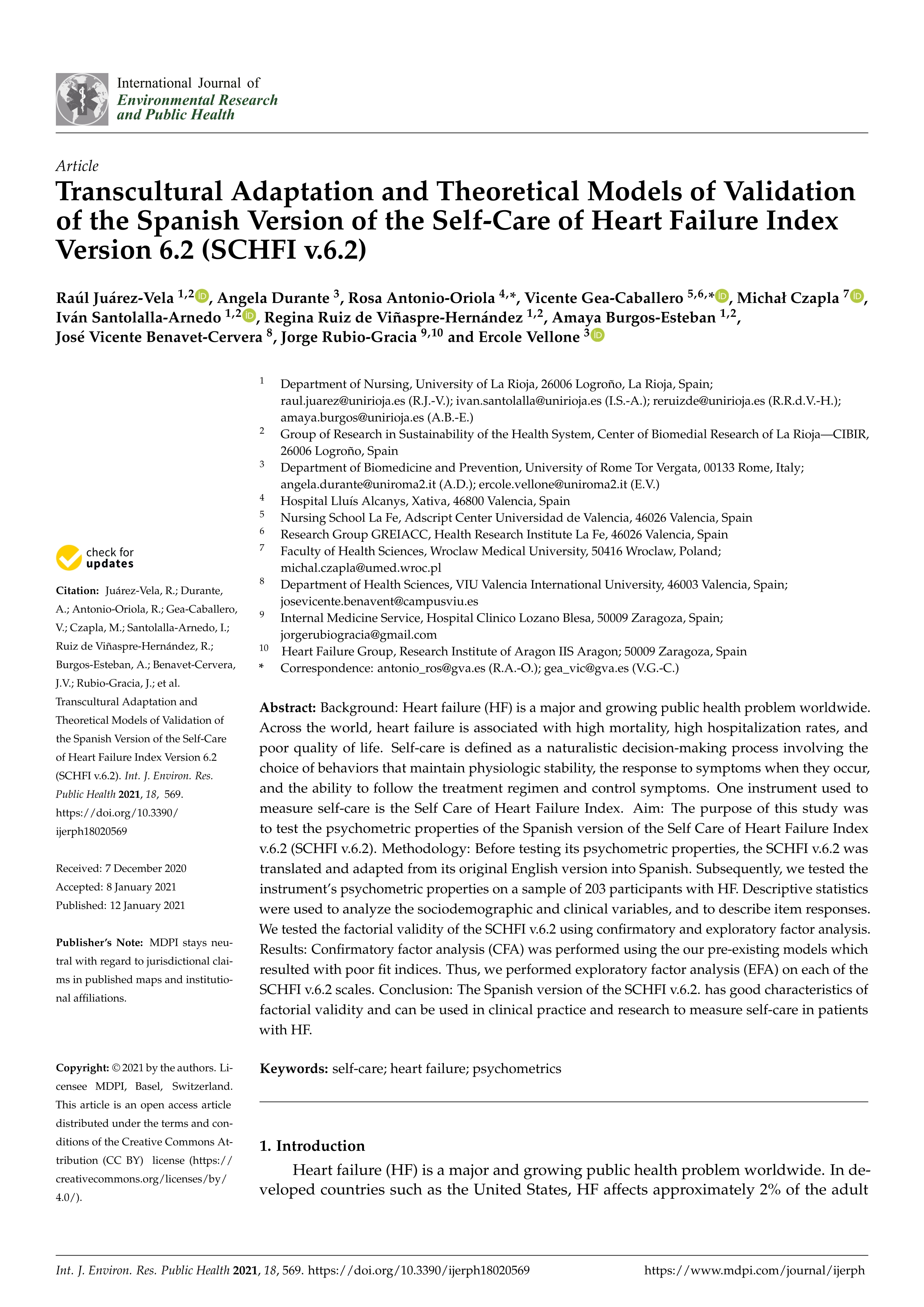 Transcultural adaptation and theoretical models of validation of the spanish version of the self-care of heart failure index version 6.2 (schfi v.6.2)