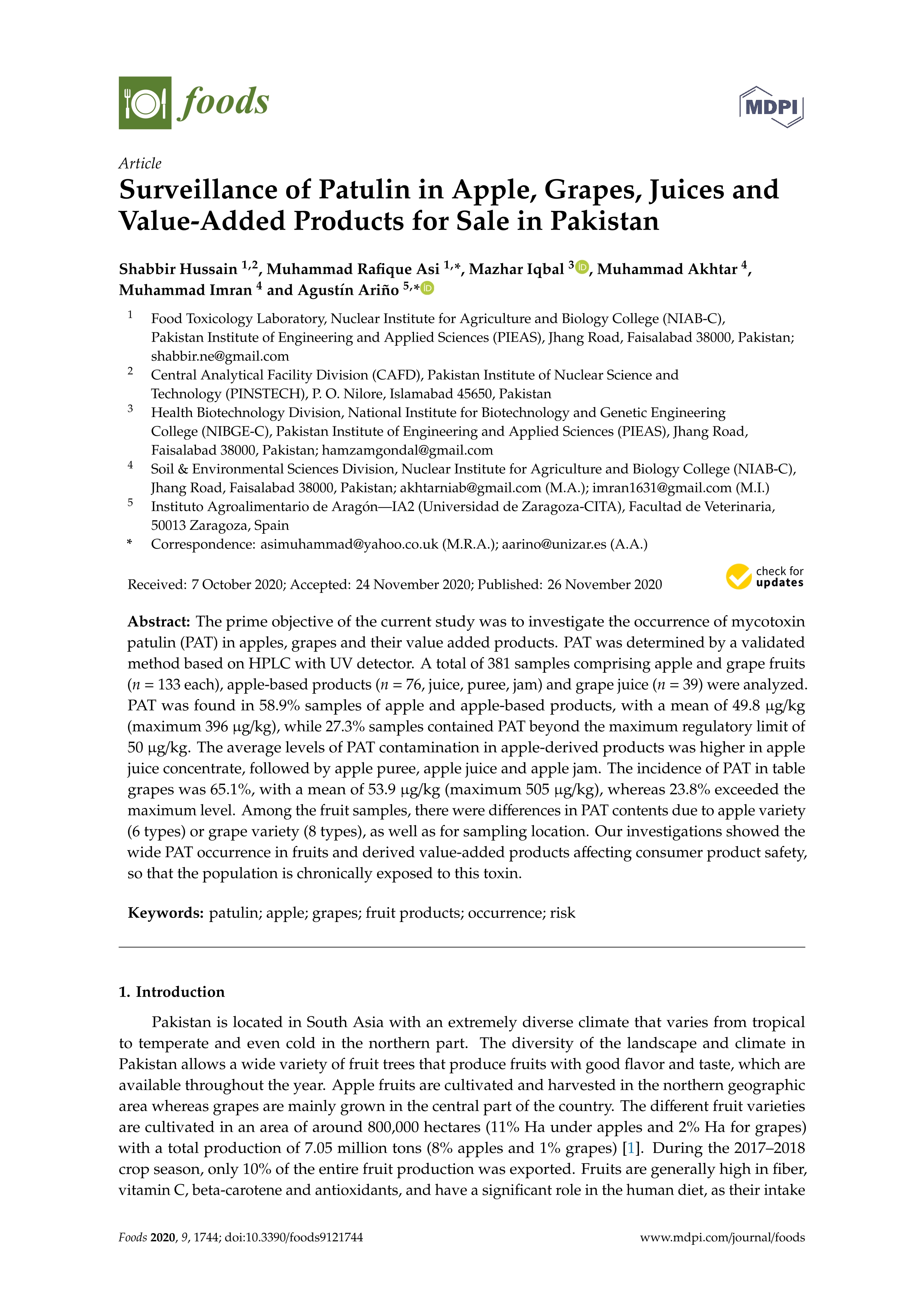 Surveillance of patulin in apple, grapes, juices and value-added products for sale in Pakistan