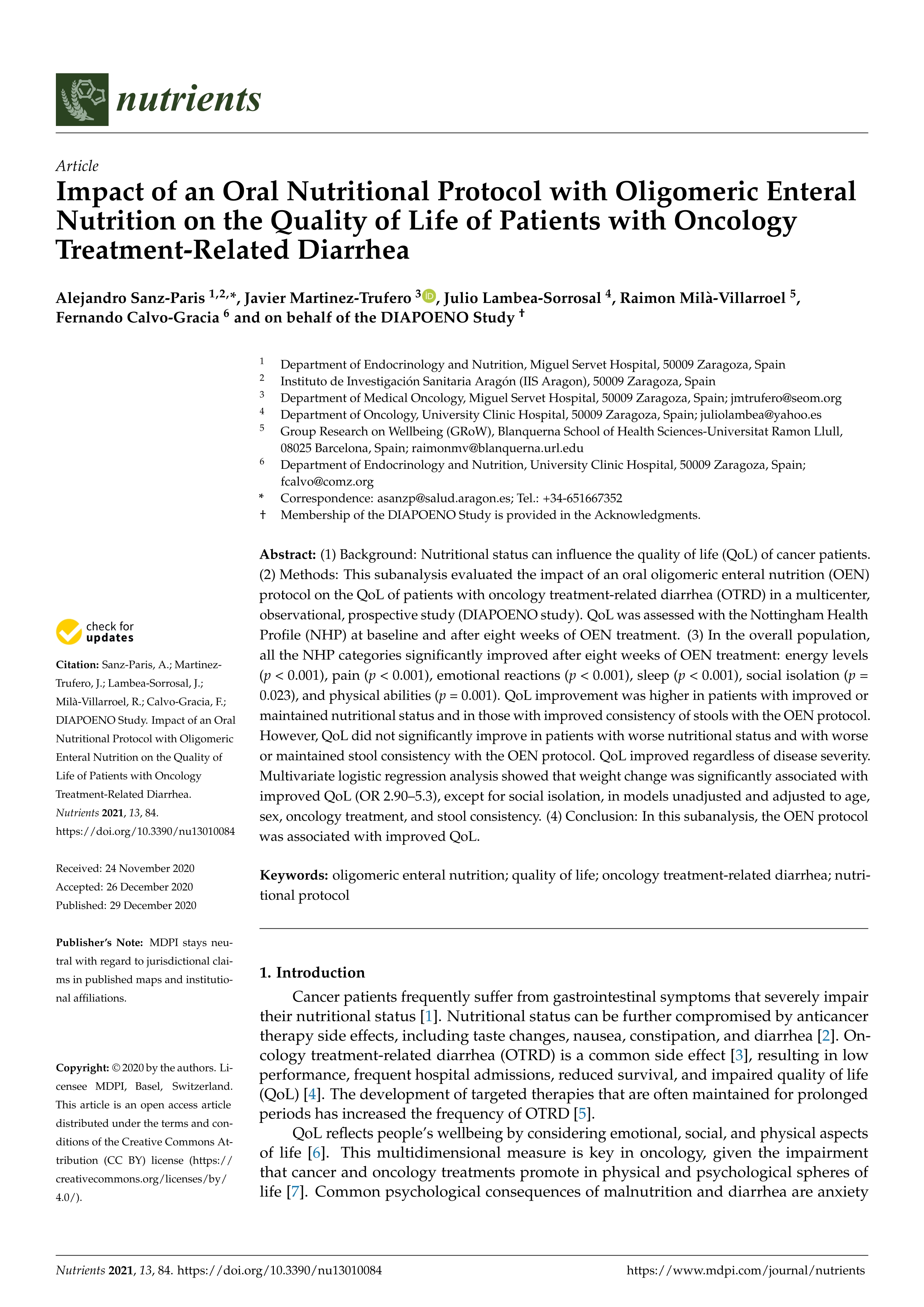 Impact of an oral nutritional protocol with oligomeric enteral nutrition on the quality of life of patients with oncology treatment-related diarrhea