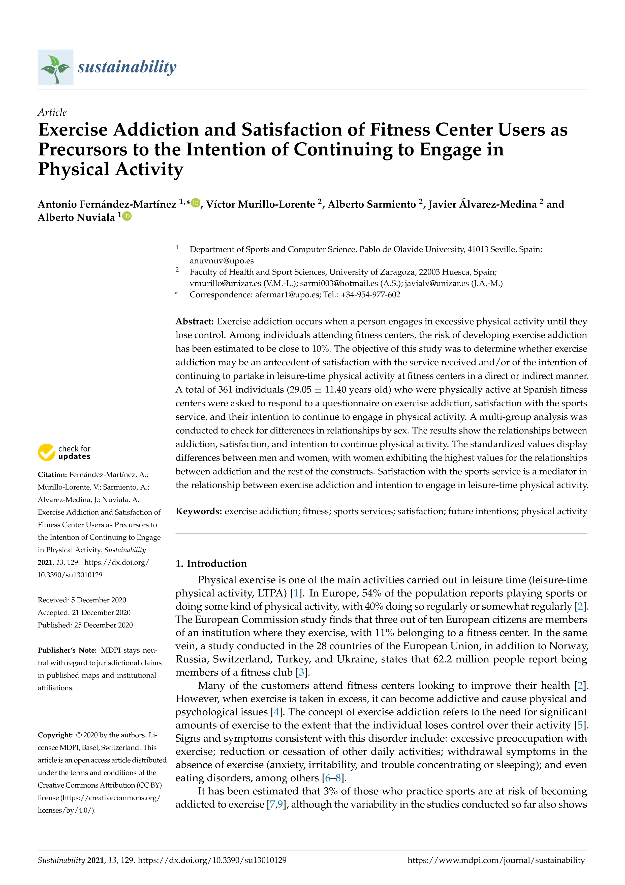 Exercise addiction and satisfaction of fitness center users as precursors to the intention of continuing to engage in physical activity