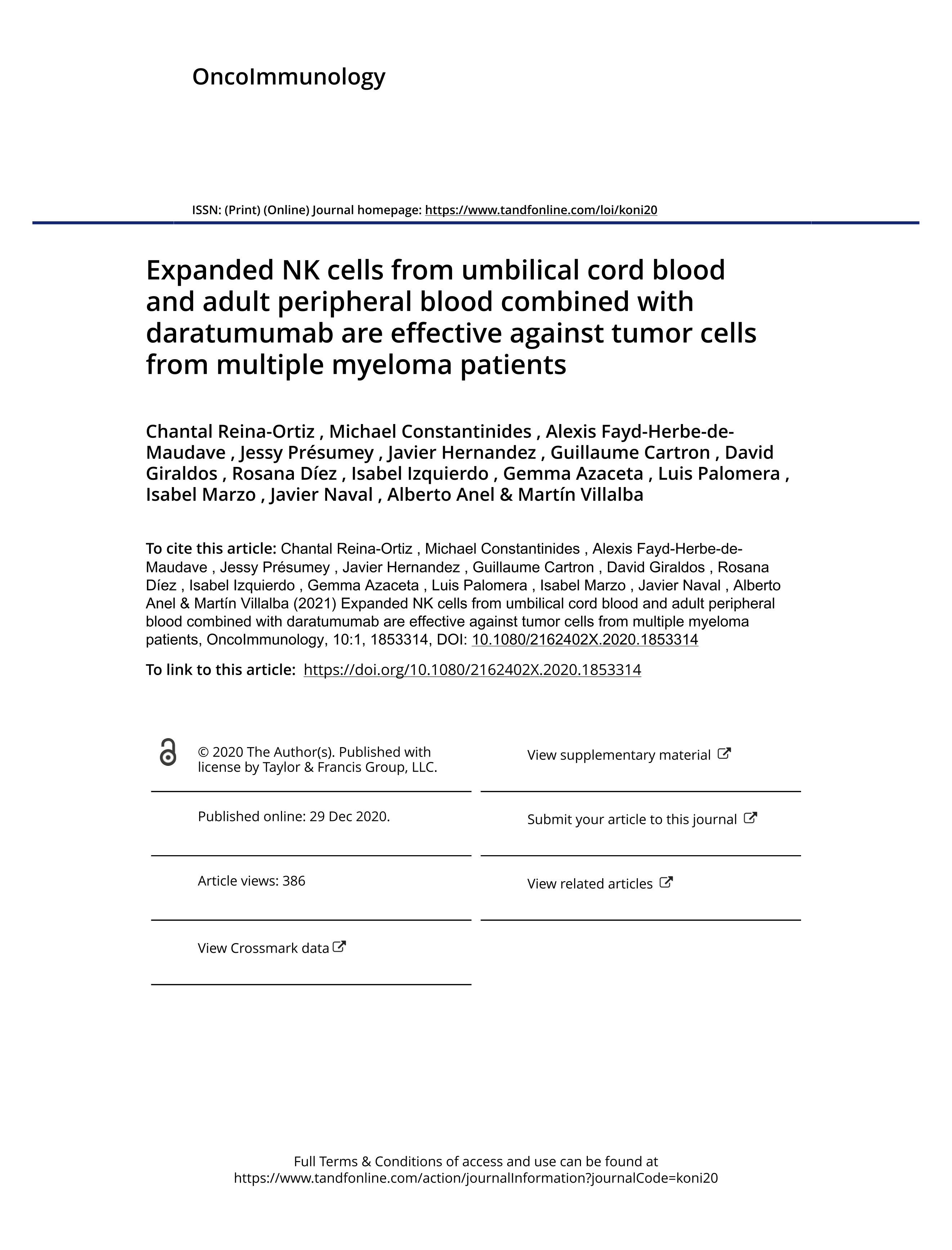 Expanded NK cells from umbilical cord blood and adult peripheral blood combined with daratumumab are effective against tumor cells from multiple myeloma patients