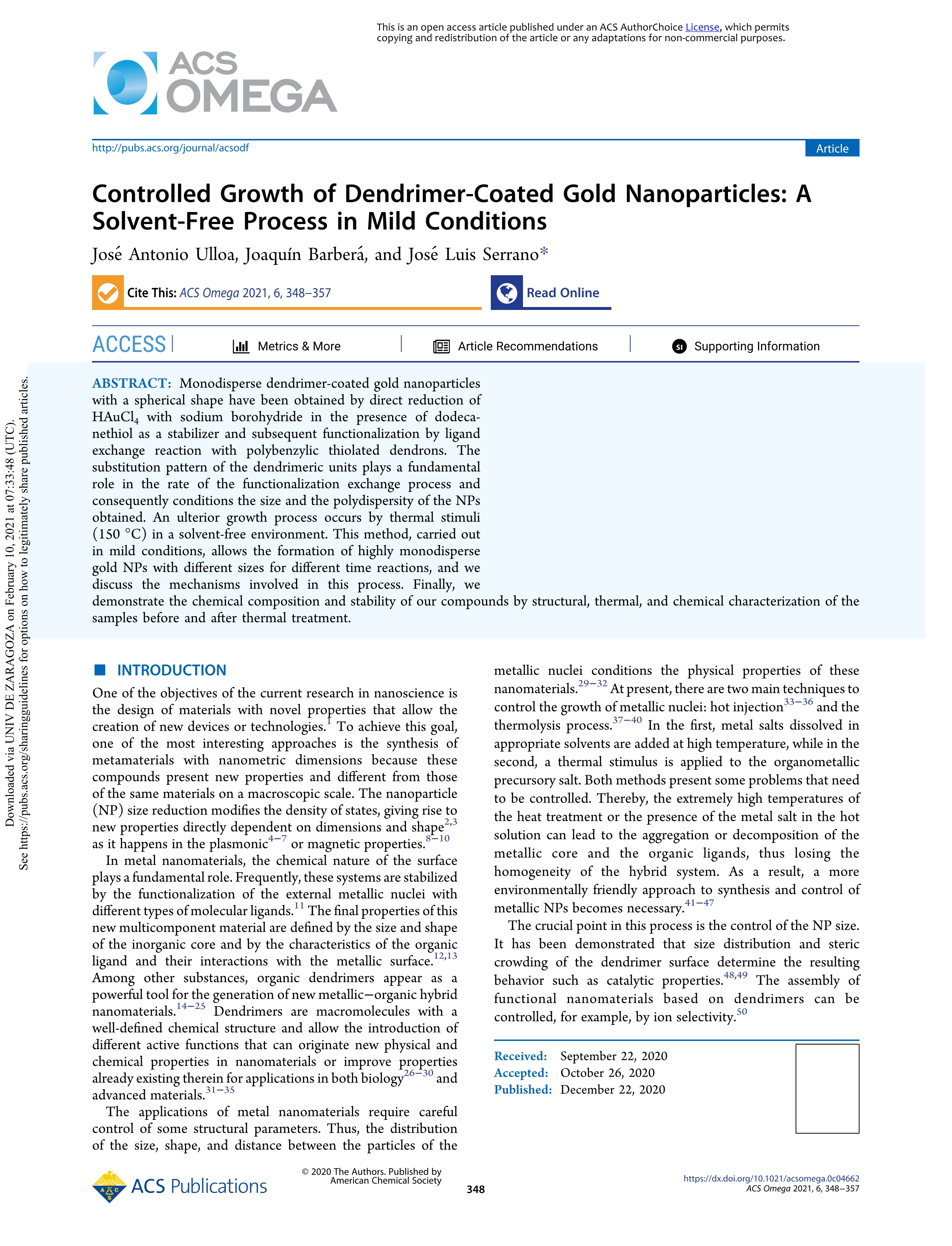 Controlled Growth of Dendrimer-Coated Gold Nanoparticles: A Solvent-Free Process in Mild Conditions