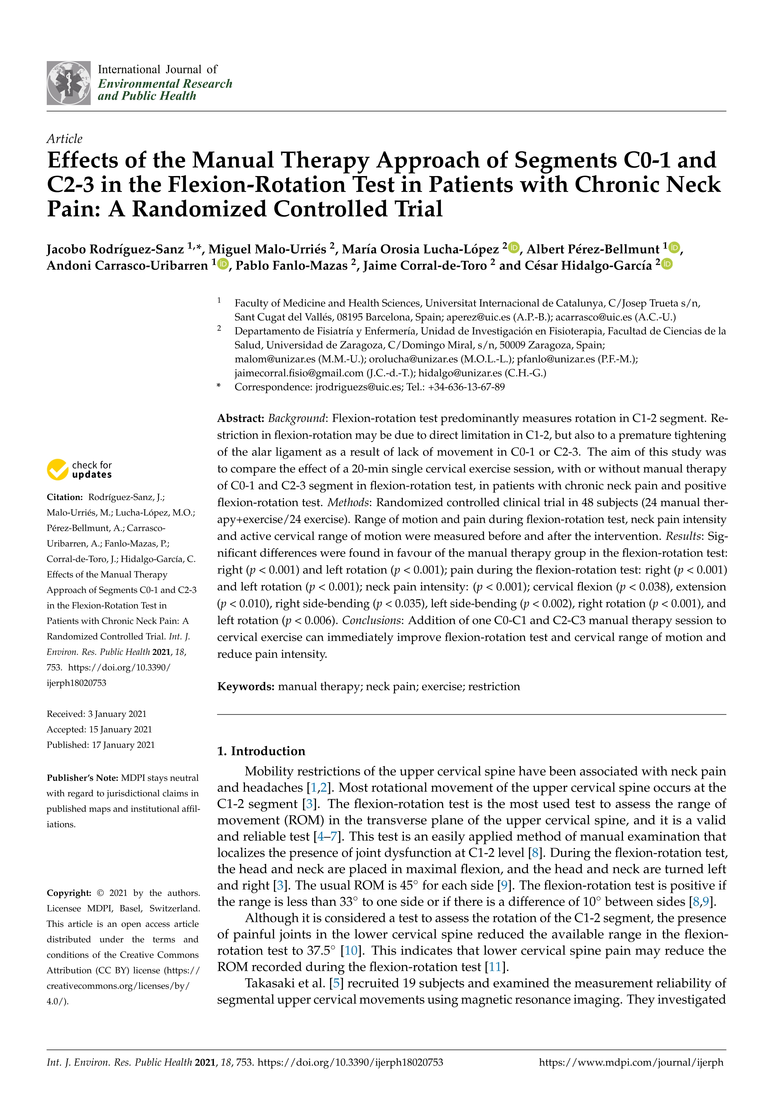 Effects of the manual therapy approach of segments C0-1 and C2-3 in the flexion-rotation test in patients with chronic neck pain: A randomized controlled trial