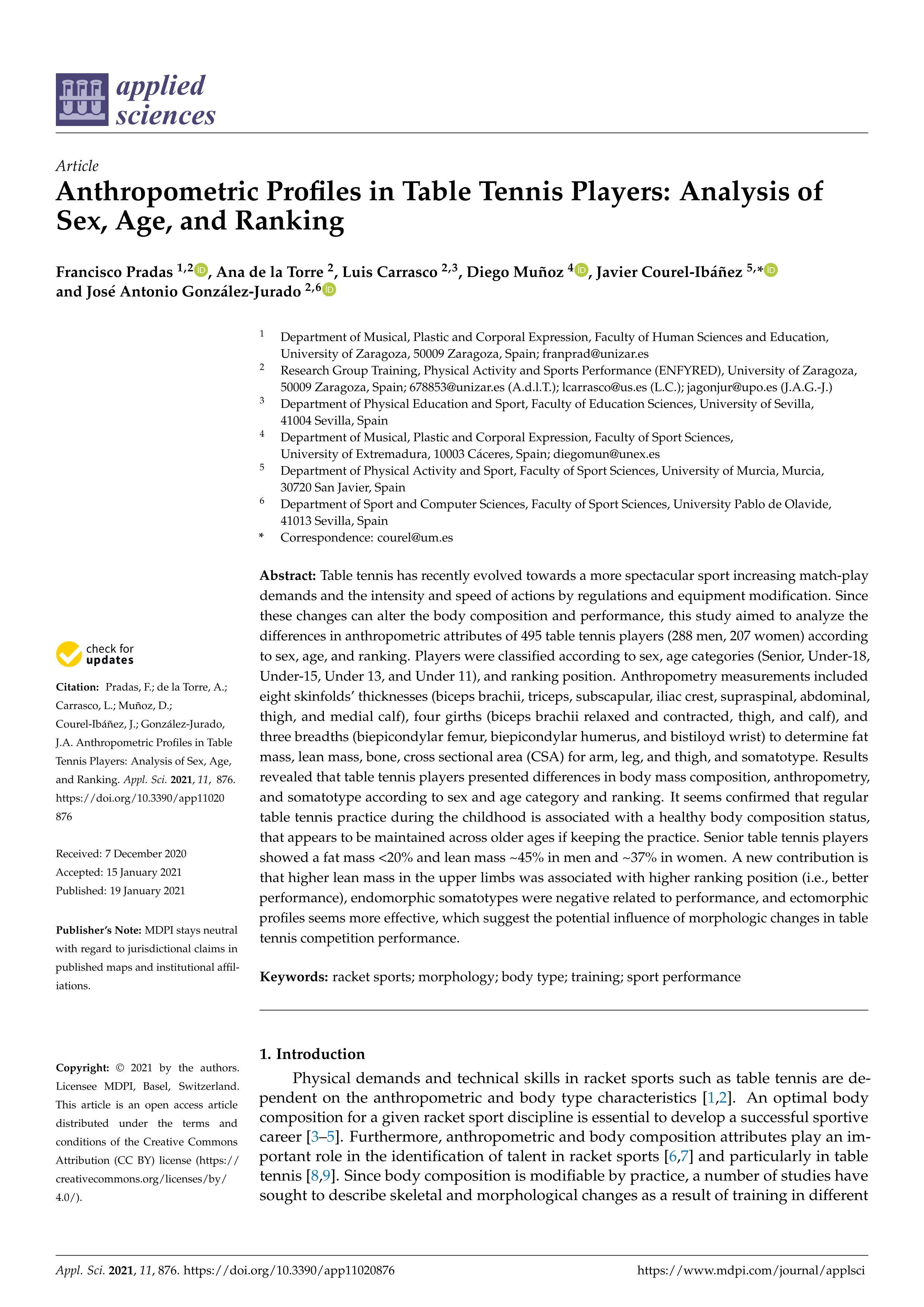 Anthropometric profiles in table tennis players: Analysis of sex, age, and ranking