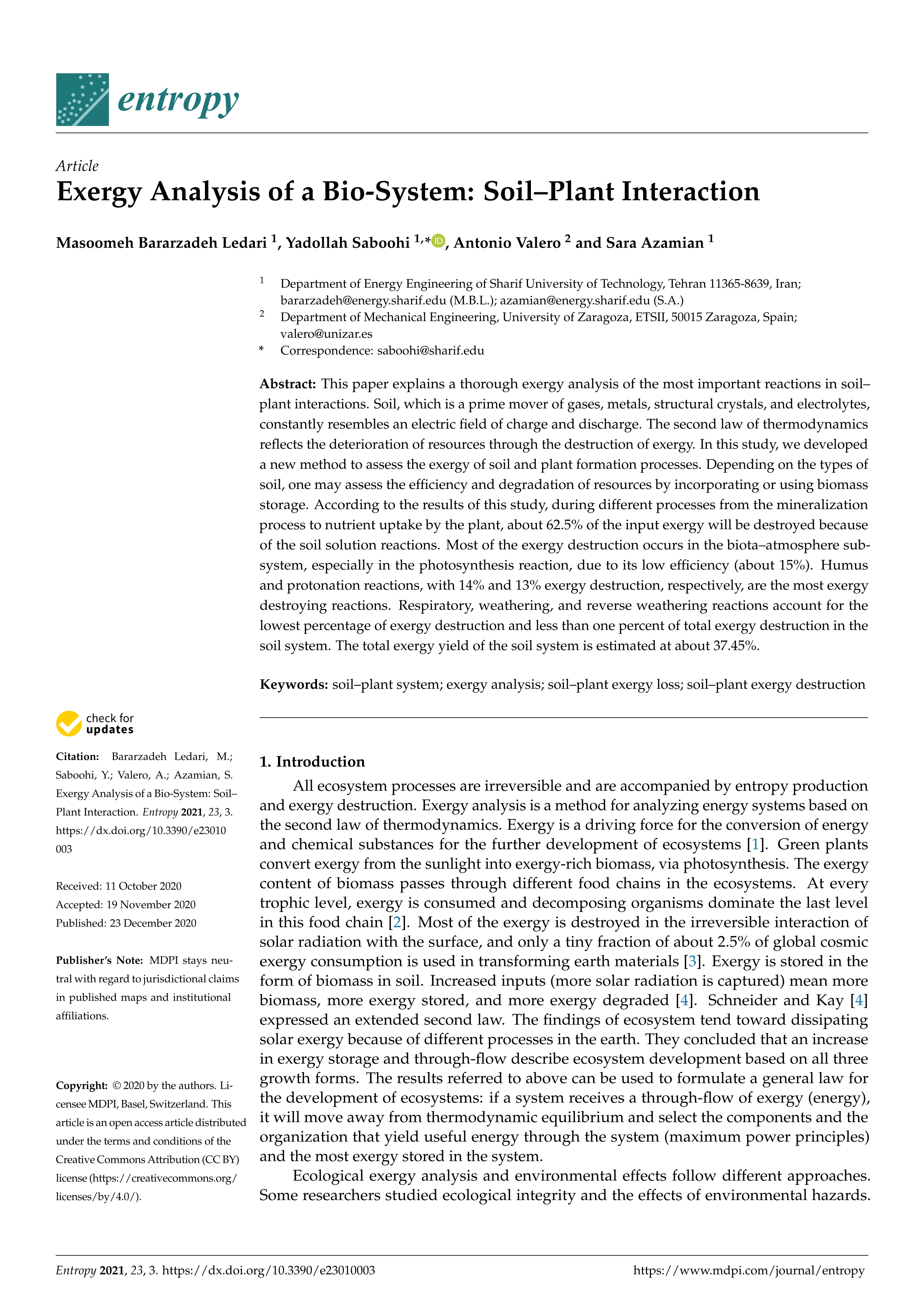 Exergy analysis of a bio-system: Soil–plant interaction