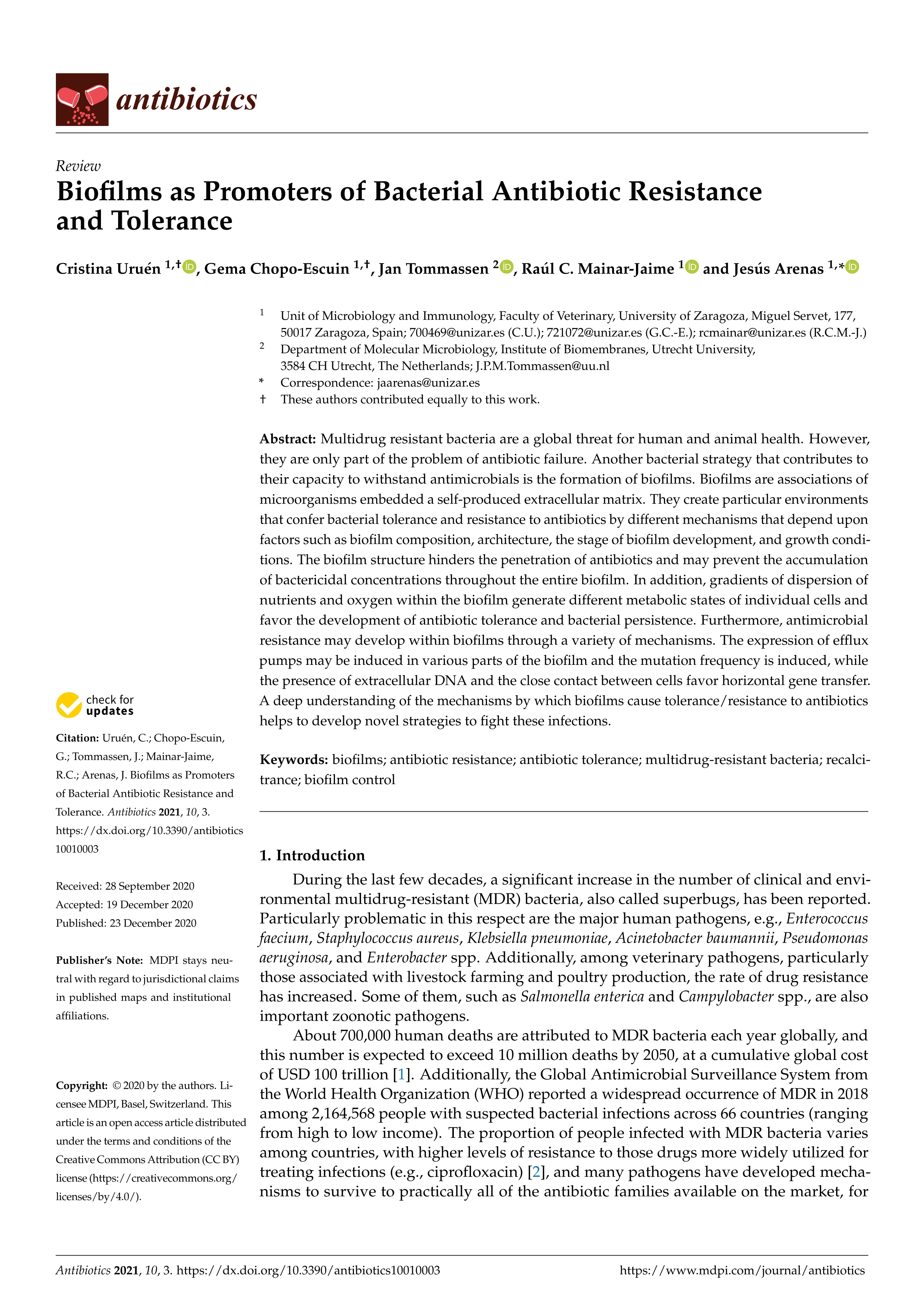 Biofilms as promoters of bacterial antibiotic resistance and tolerance
