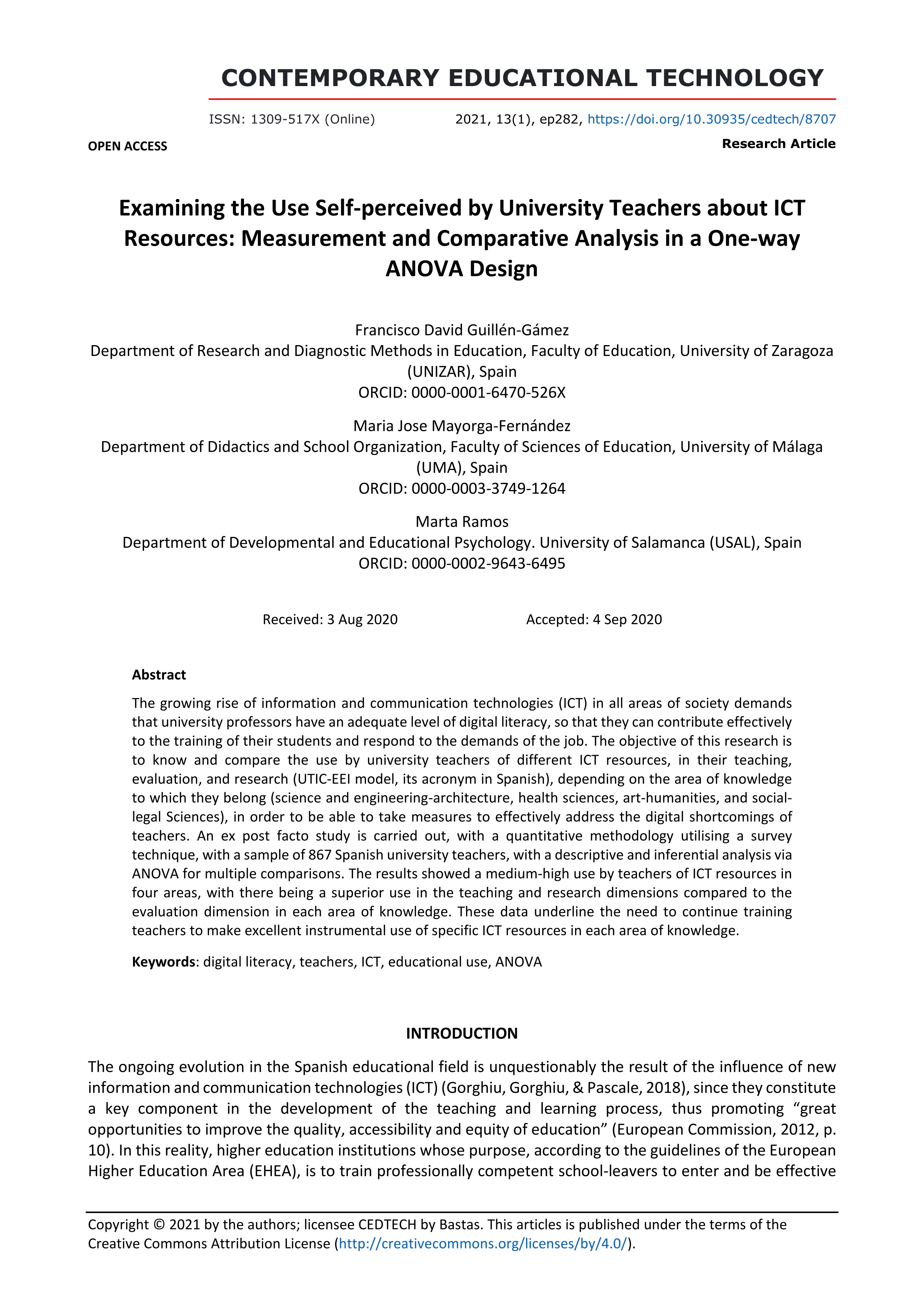 Examining the use self-perceived by university teachers about ict resources: Measurement and comparative analysis in a one-way ANOVA design