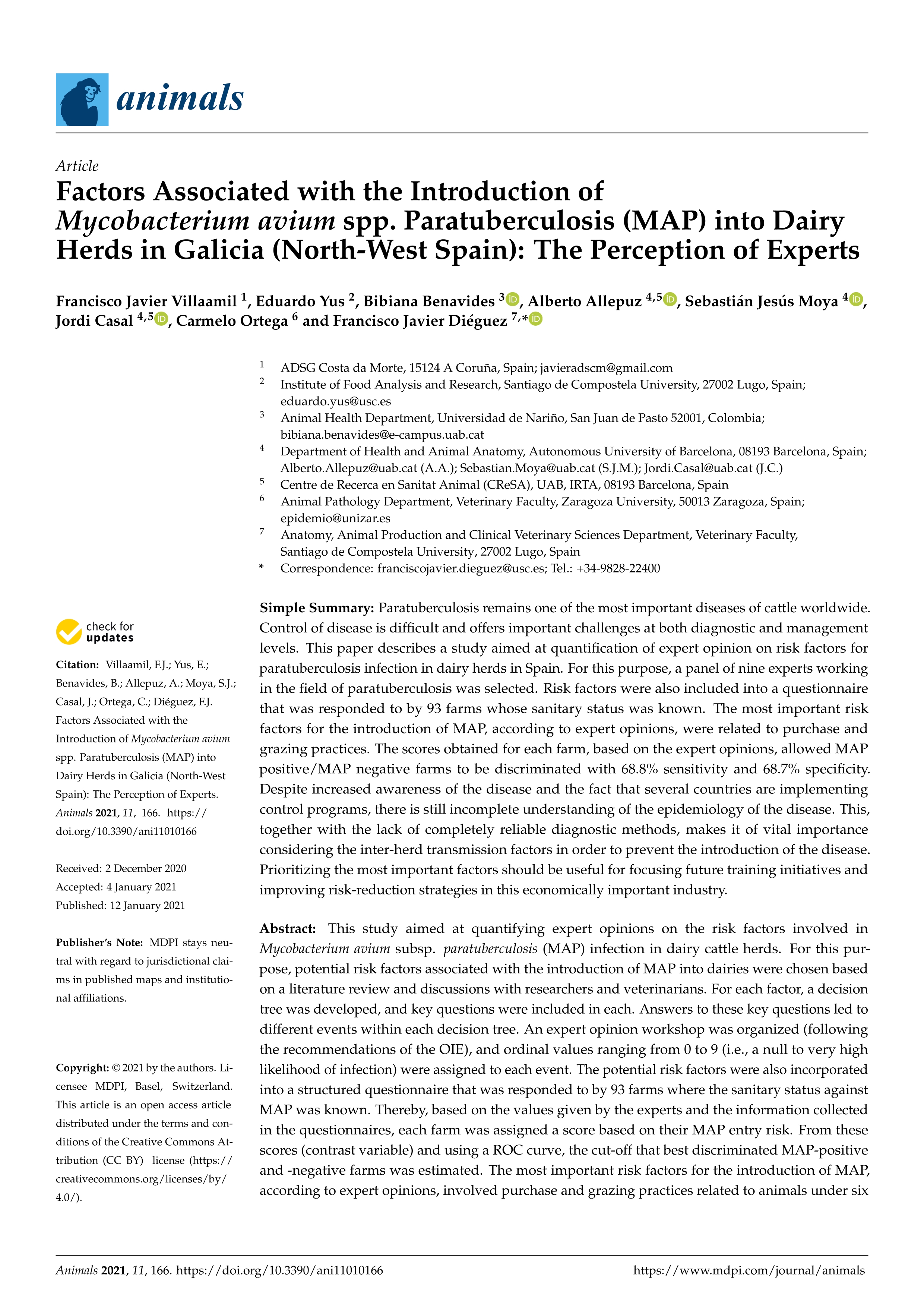 Factors associated with the introduction of mycobacterium avium spp. Paratuberculosis (map) into dairy herds in galicia (north-west Spain): The perception of experts