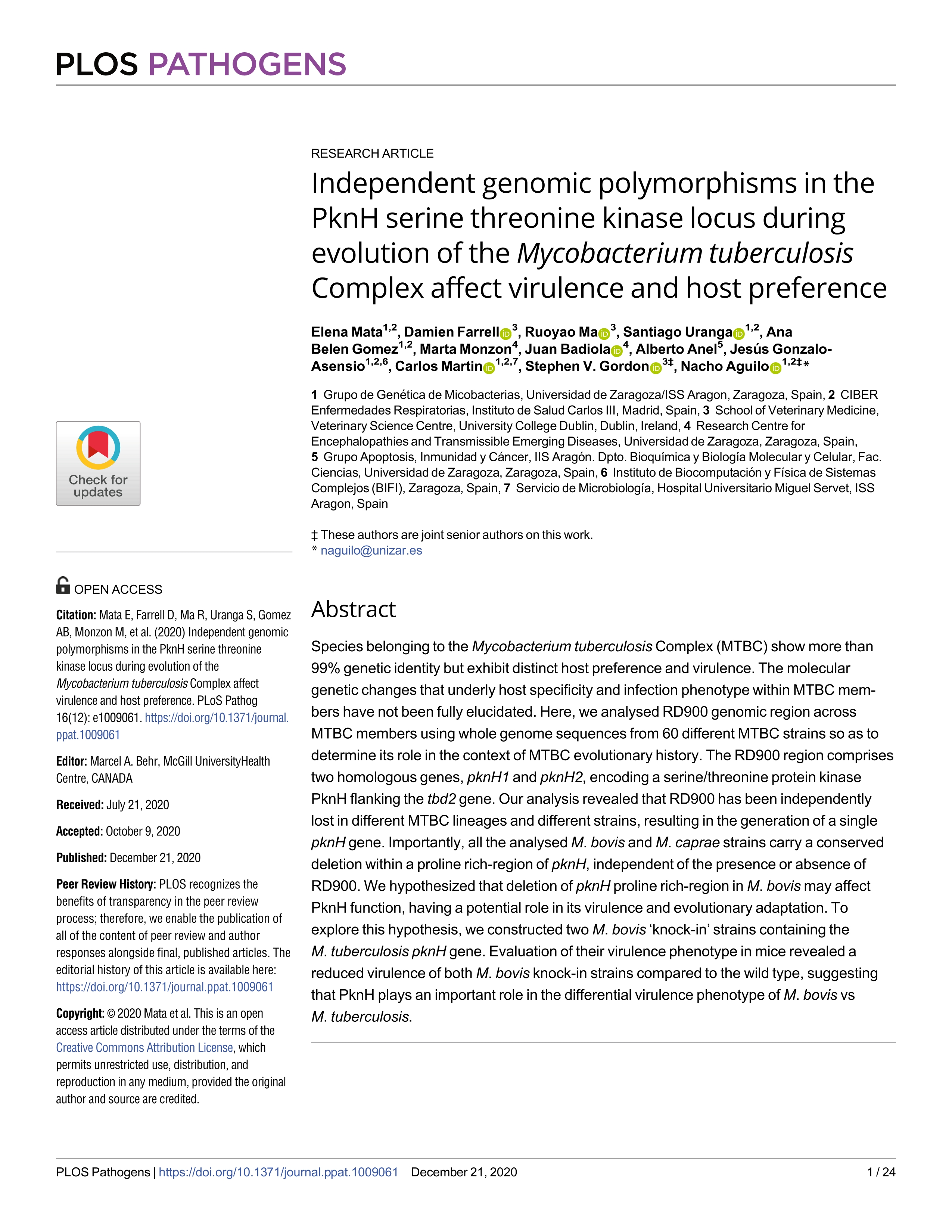 Independent genomic polymorphisms in the PknH serine threonine kinase locus during evolution of the Mycobacterium tuberculosis Complex affect virulence and host preference
