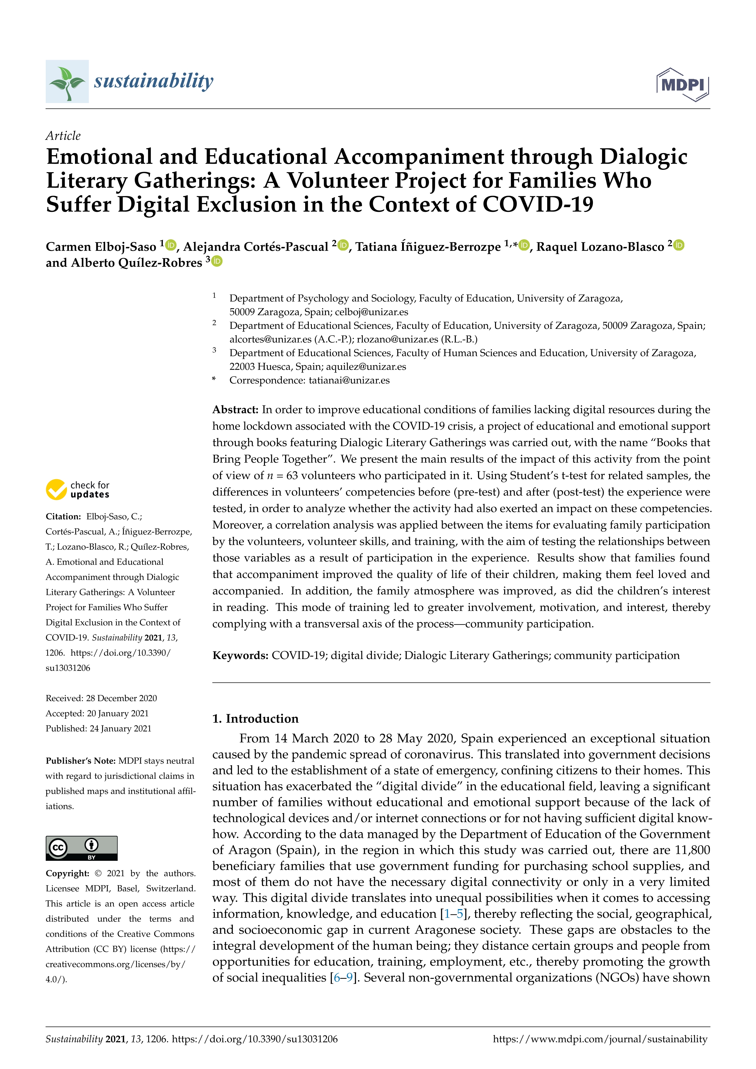Emotional and educational accompaniment through dialogic literary gatherings: a volunteer project for families who suffer digital exclusion in the context of COVID-19