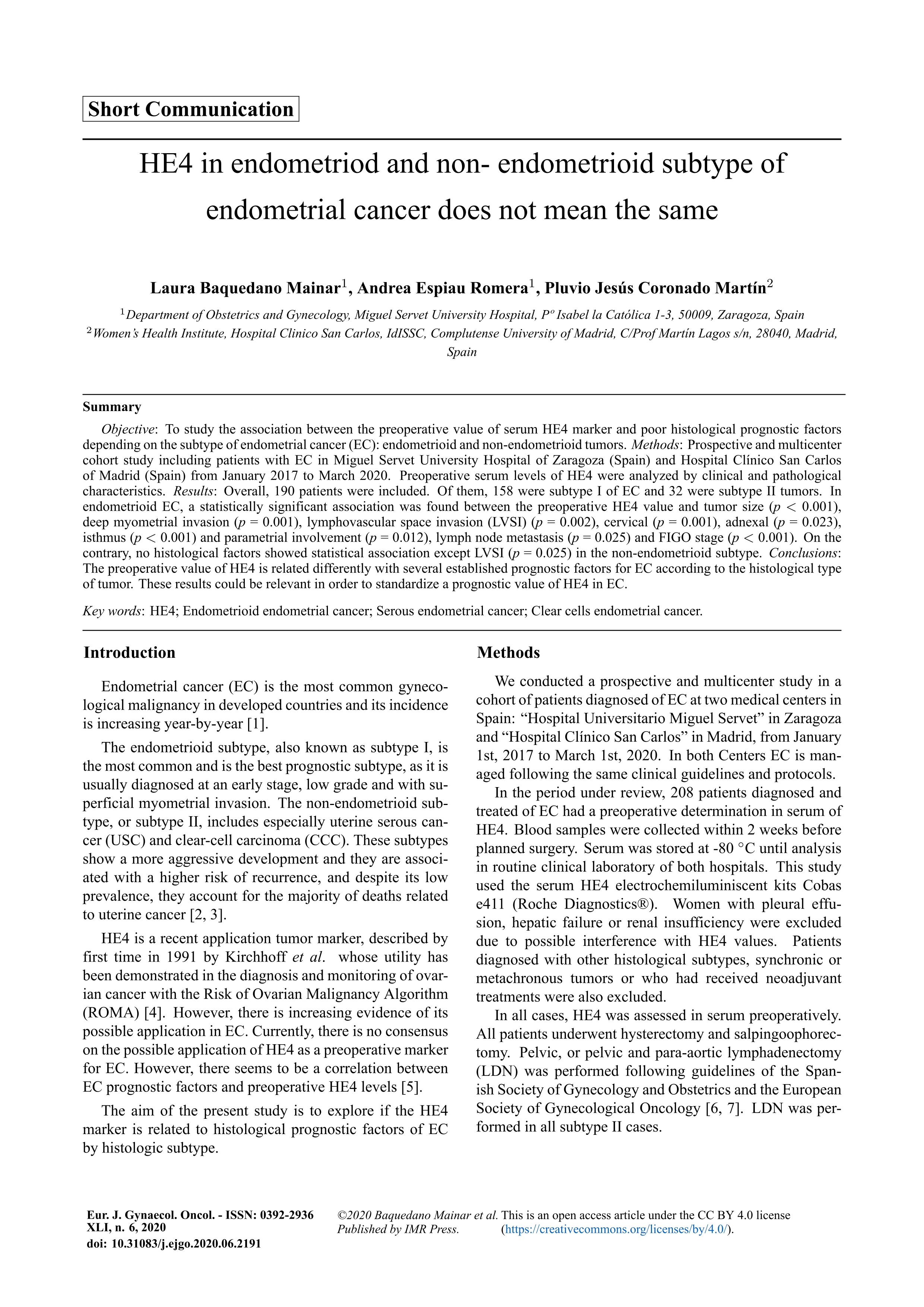 HE4 in endometriod and non- Endometrioid subtype of endometrial cancer does not mean the same