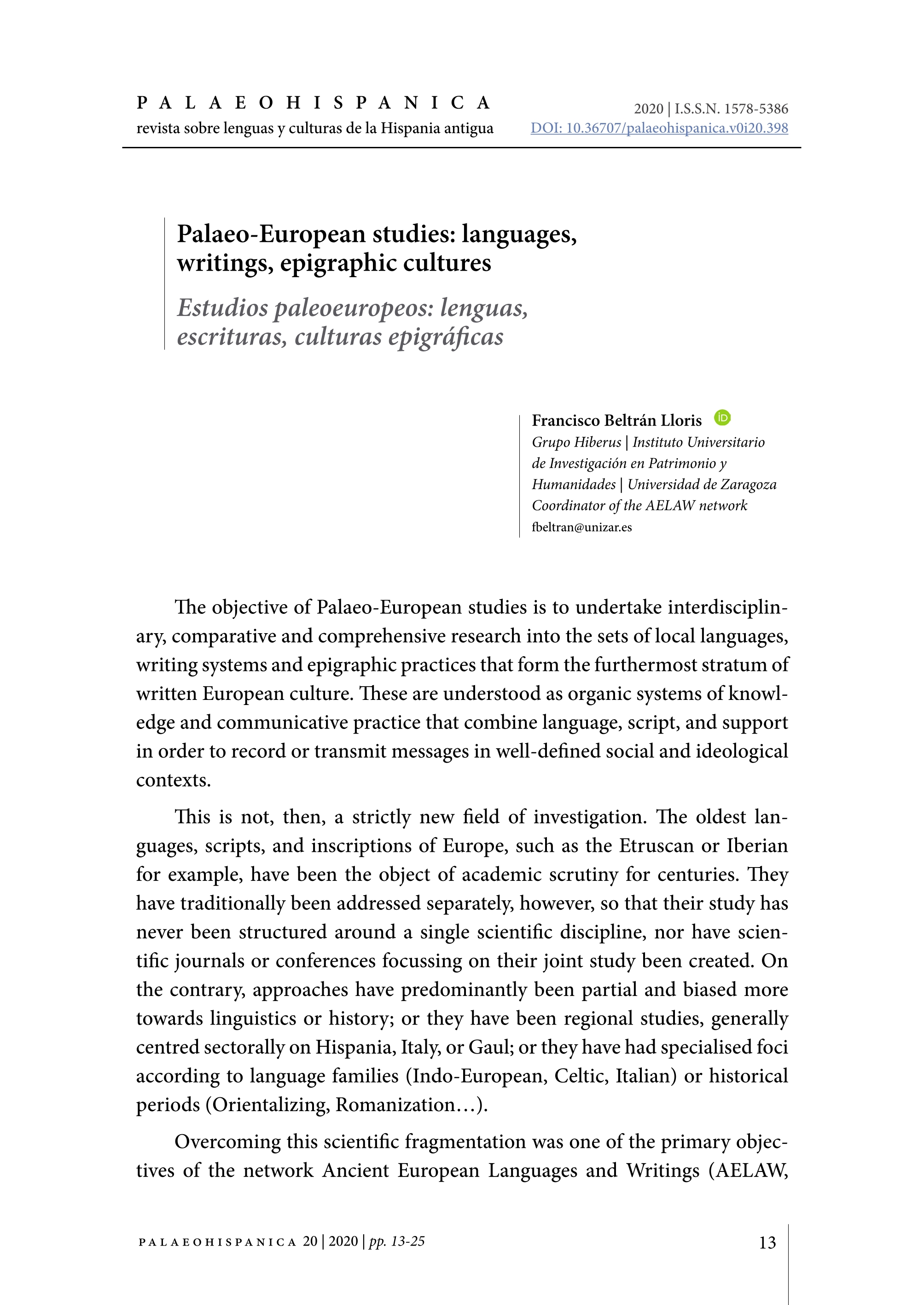 Palaeo-European studies: Languages, writings, epigraphic cultures