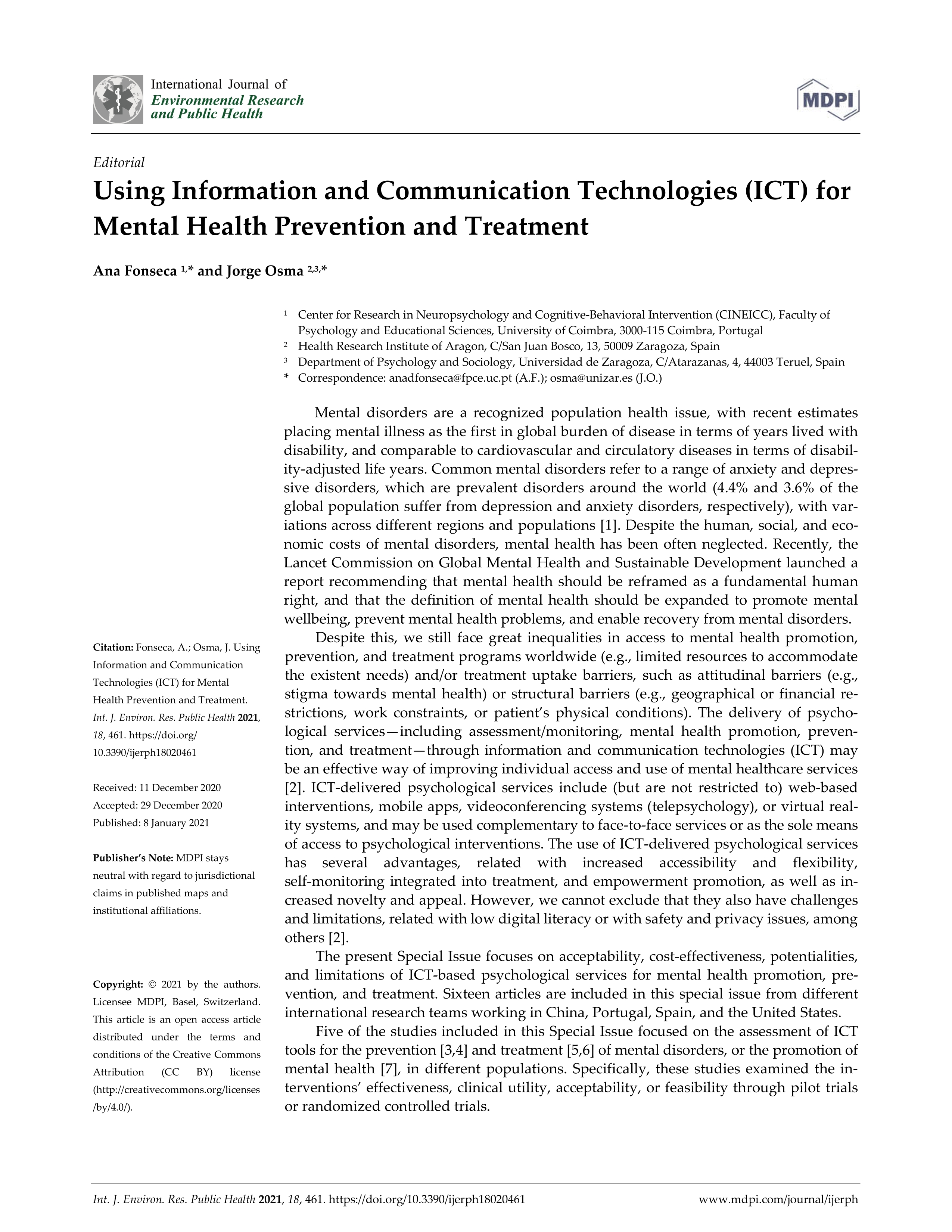 Using Information and Communication Technologies (ICT) for mental health prevention and treatment