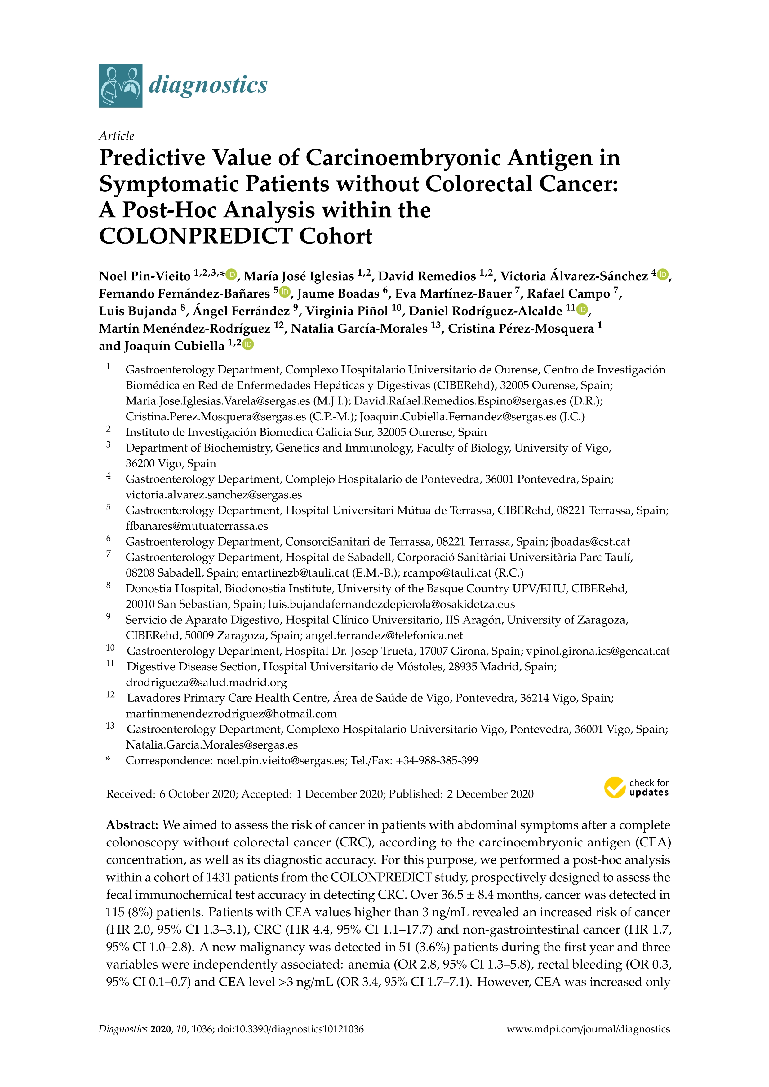 Predictive Value of Carcinoembryonic Antigen in Symptomatic Patients without Colorectal Cancer: A Post-Hoc Analysis within the COLONPREDICT Cohort