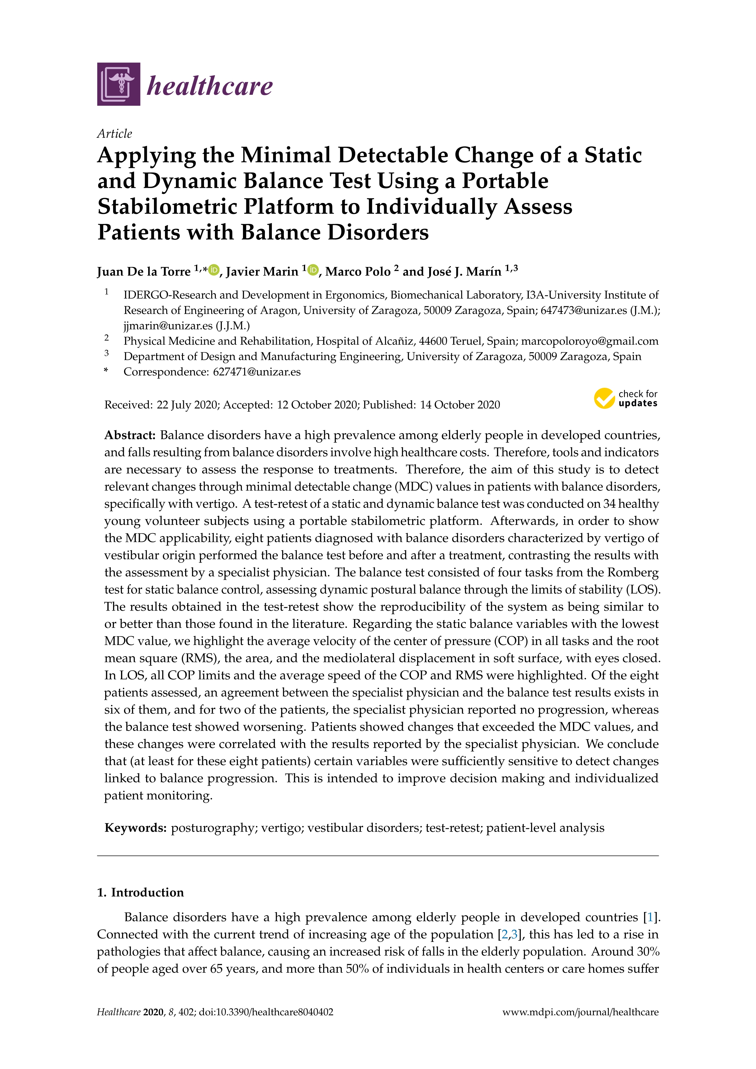 Applying the Minimal Detectable Change of a Static and Dynamic Balance Test Using a Portable Stabilometric Platform to Individually Assess Patients with Balance Disorders