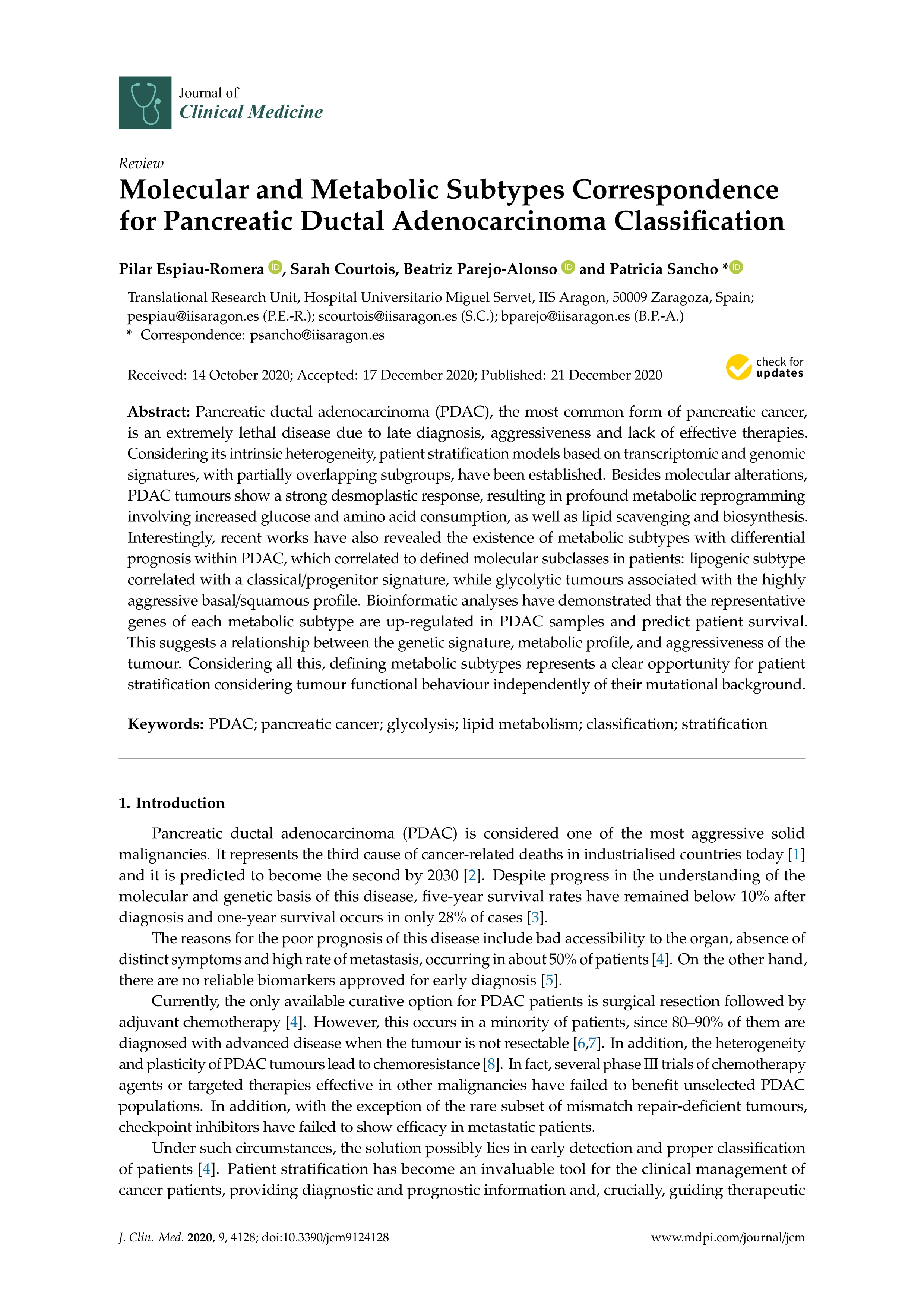 Molecular and Metabolic Subtypes Correspondence for Pancreatic Ductal Adenocarcinoma Classification