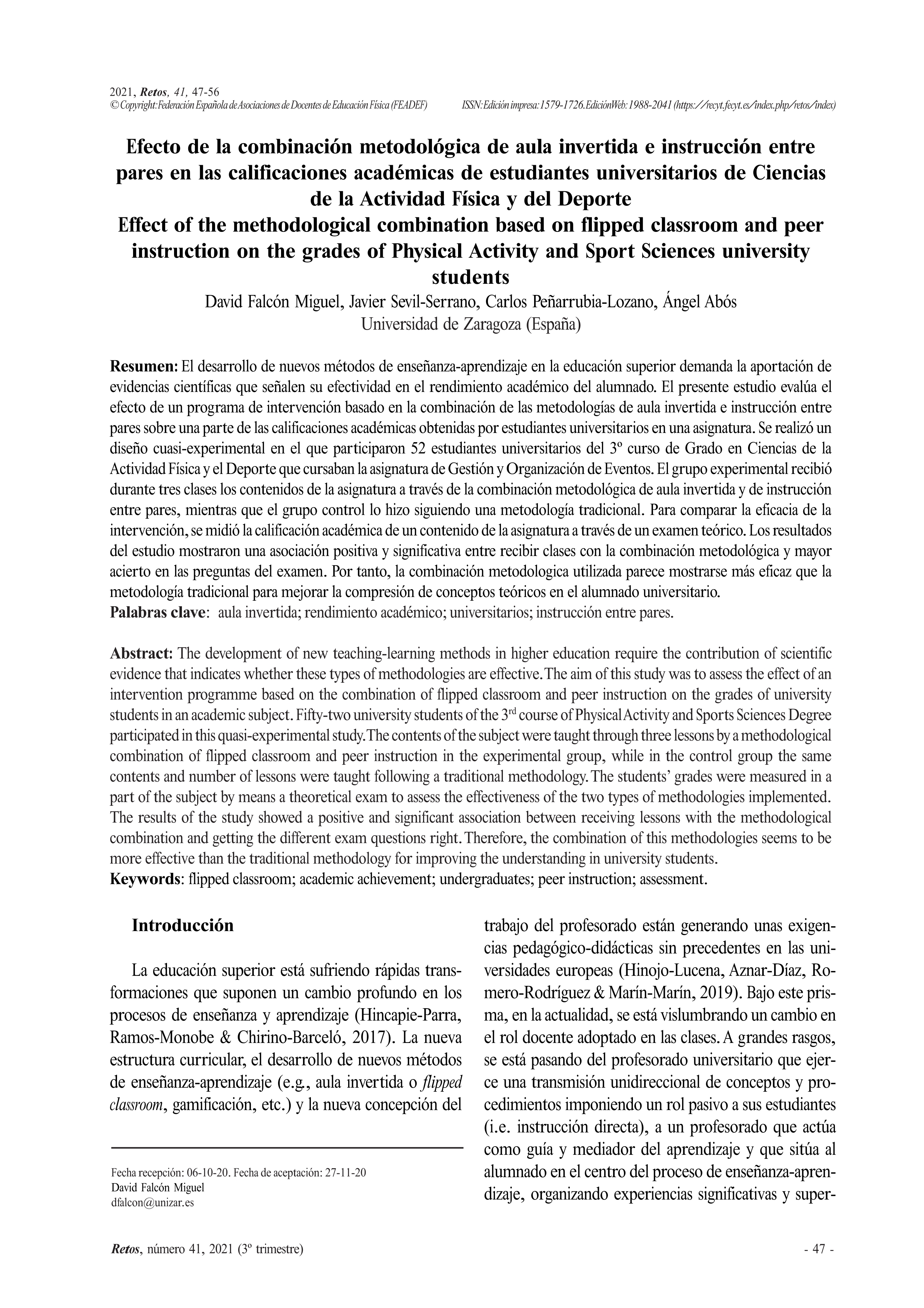 Efecto de la combinación metodológica de aula invertida e instrucción entre pares en las calificaciones académicas de estudiantes universitarios de Ciencias de la Actividad Física y del Deporte