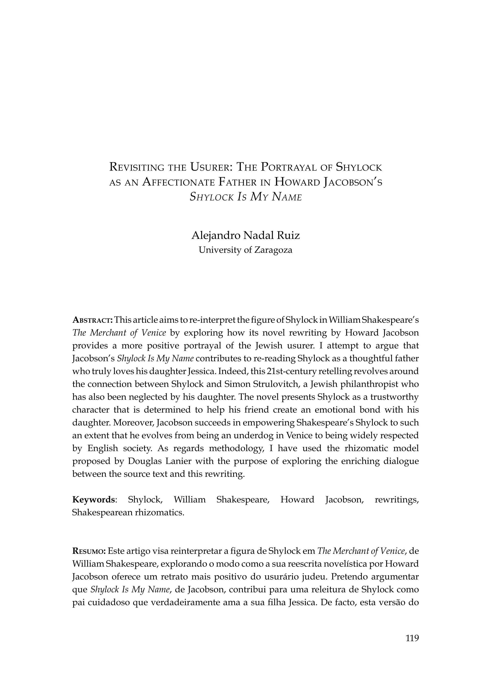 Revisiting the Usurer: The Portrayal of Shylock as an Affectionate Father in Howard Jacobson's Shylock Is My Name