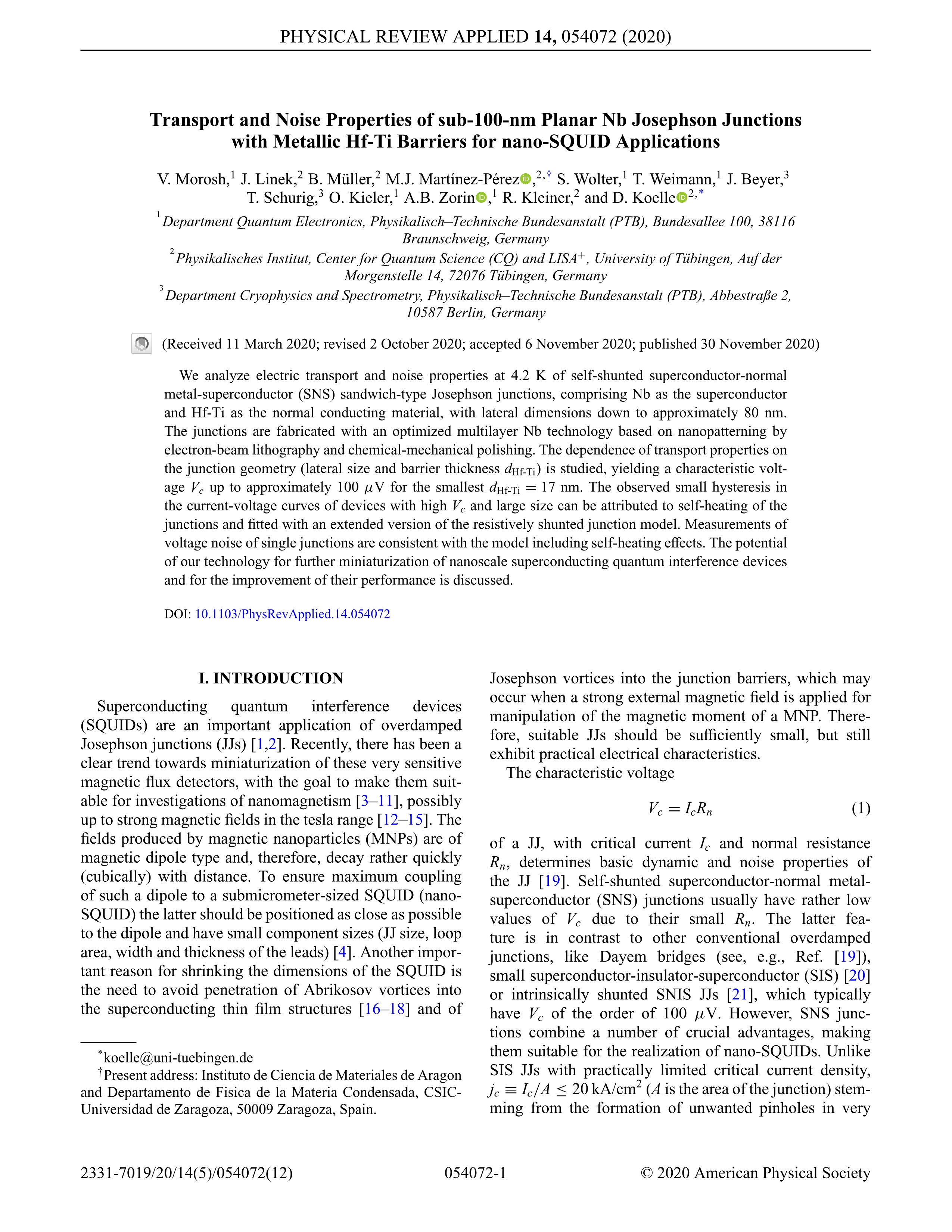 Transport and Noise Properties of sub-100-nm Planar Nb Josephson Junctions with Metallic Hf-Ti Barriers for nano-SQUID Applications