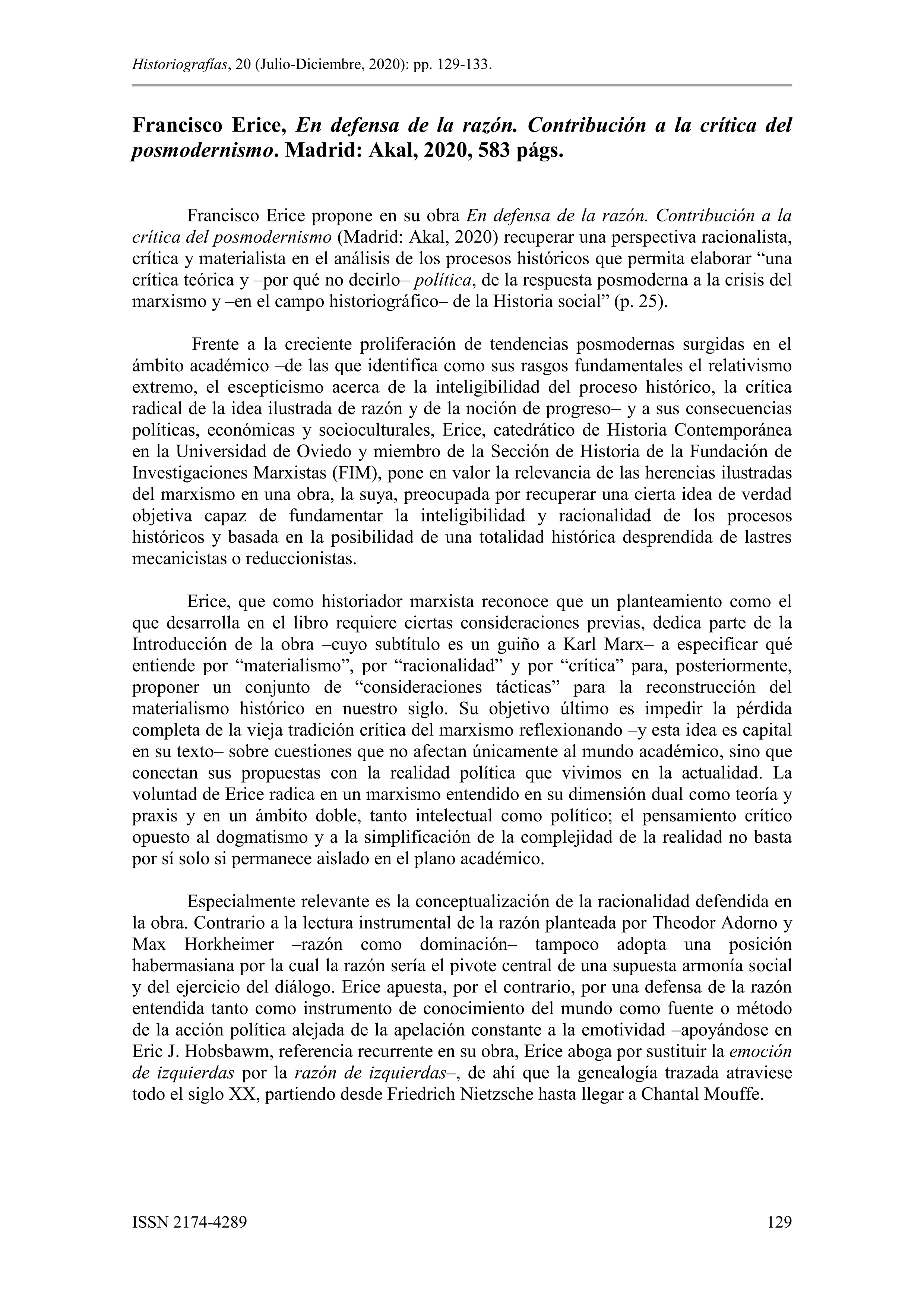 Francisco Erice, En defensa de la razón. Contribución a la crítica del posmodernismo. Madrid: Akal, 2020, 583 págs.
