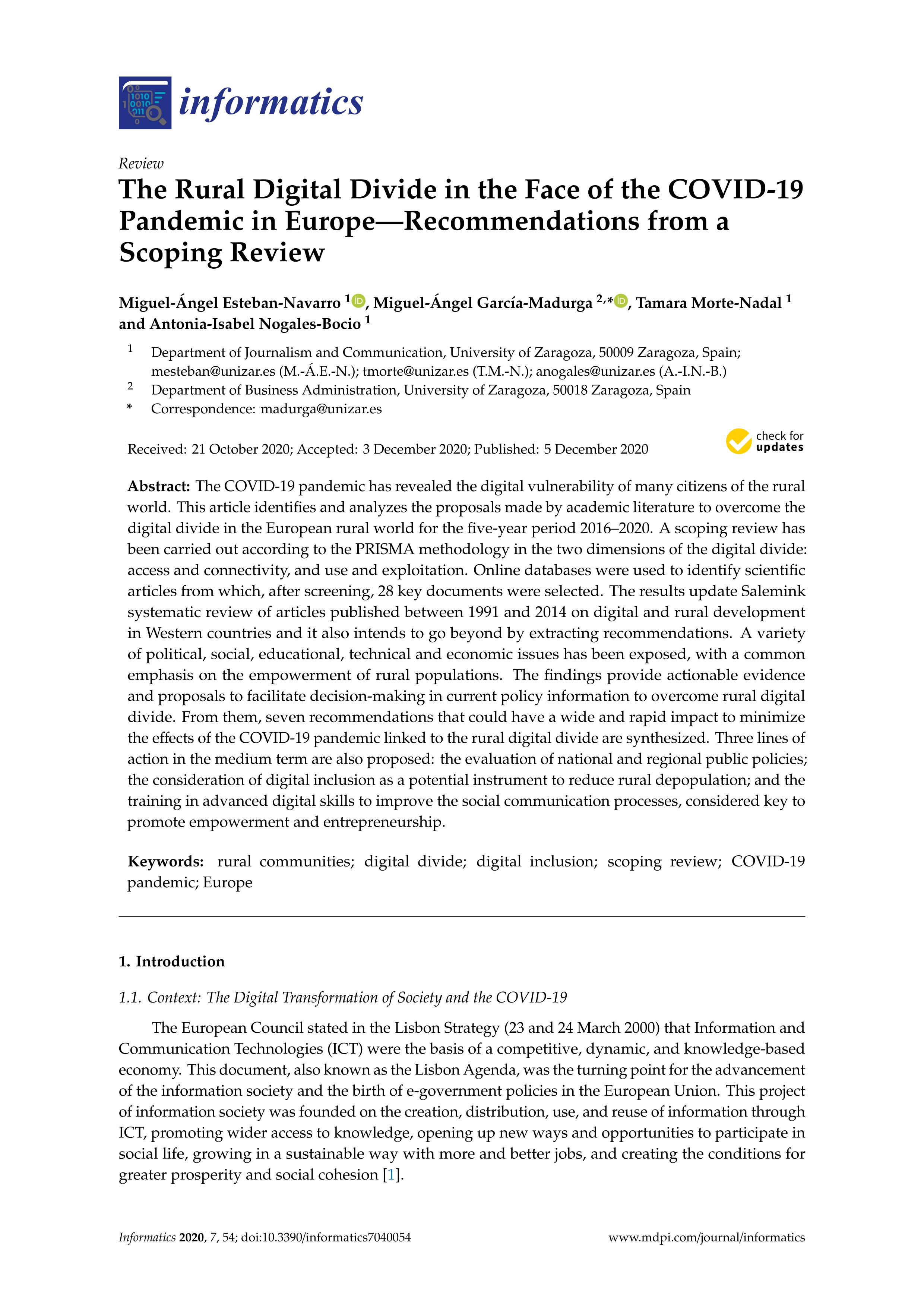 The Rural Digital Divide In The Face Of The Covid 19 Pandemic In Europe Recommendations From A Scoping Review Universidad De Zaragoza Repository