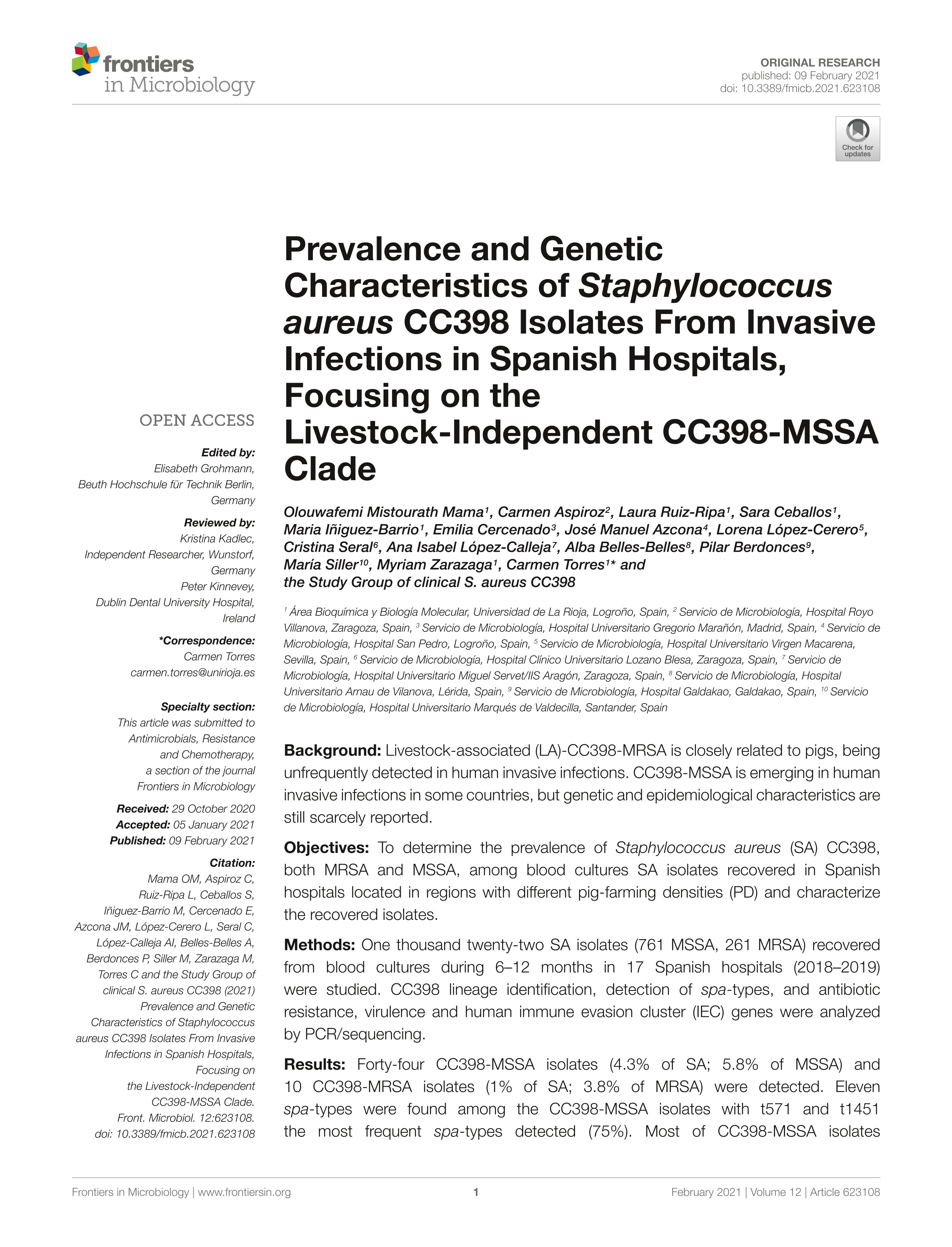 Prevalence and genetic characteristics of Staphylococcus aureus CC398 isolates from invasive infections in spanish hospitals, focusing on the livestock-independent CC398-MSSA clade