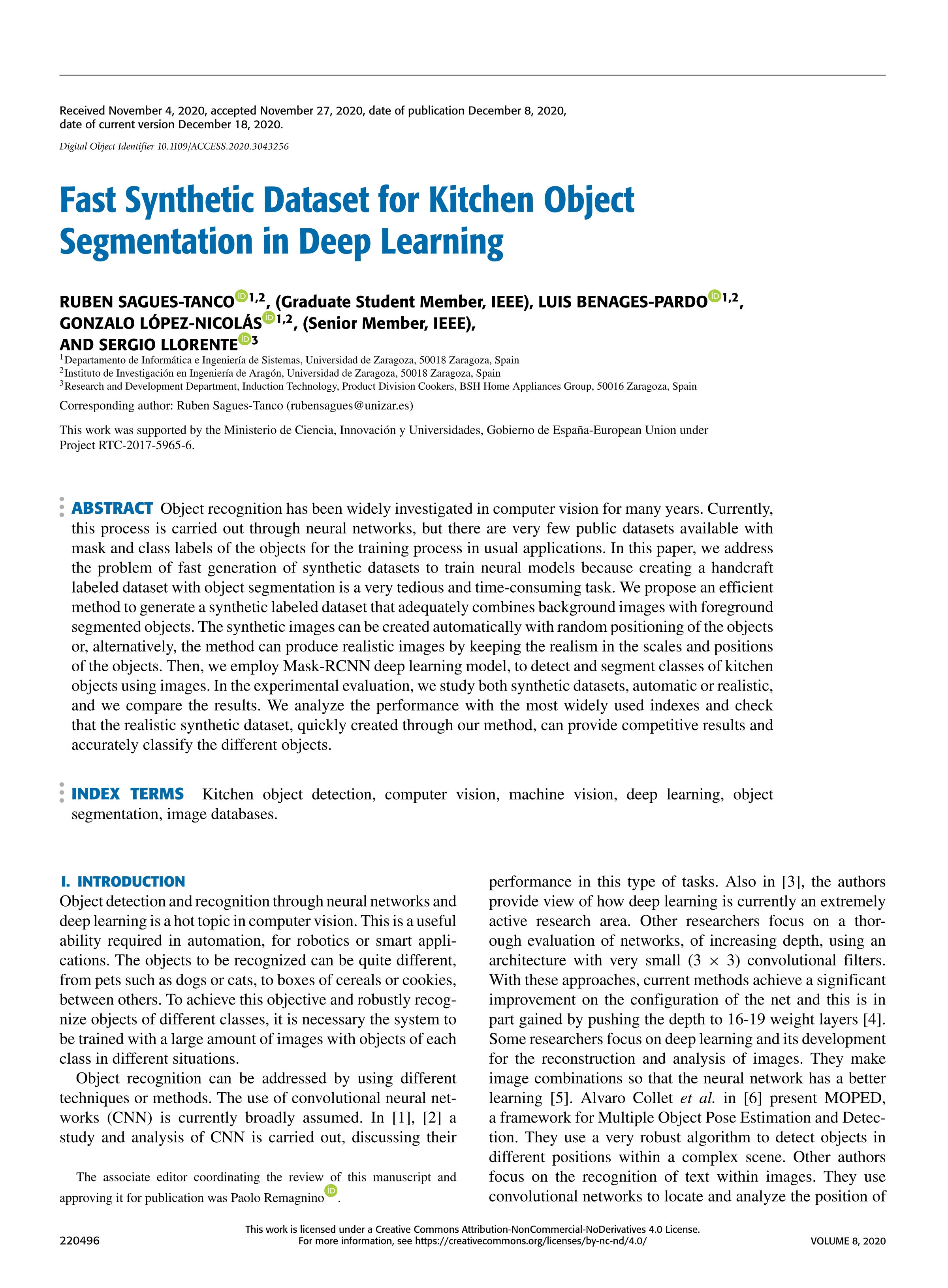 Fast Synthetic Dataset for Kitchen Object Segmentation in Deep Learning