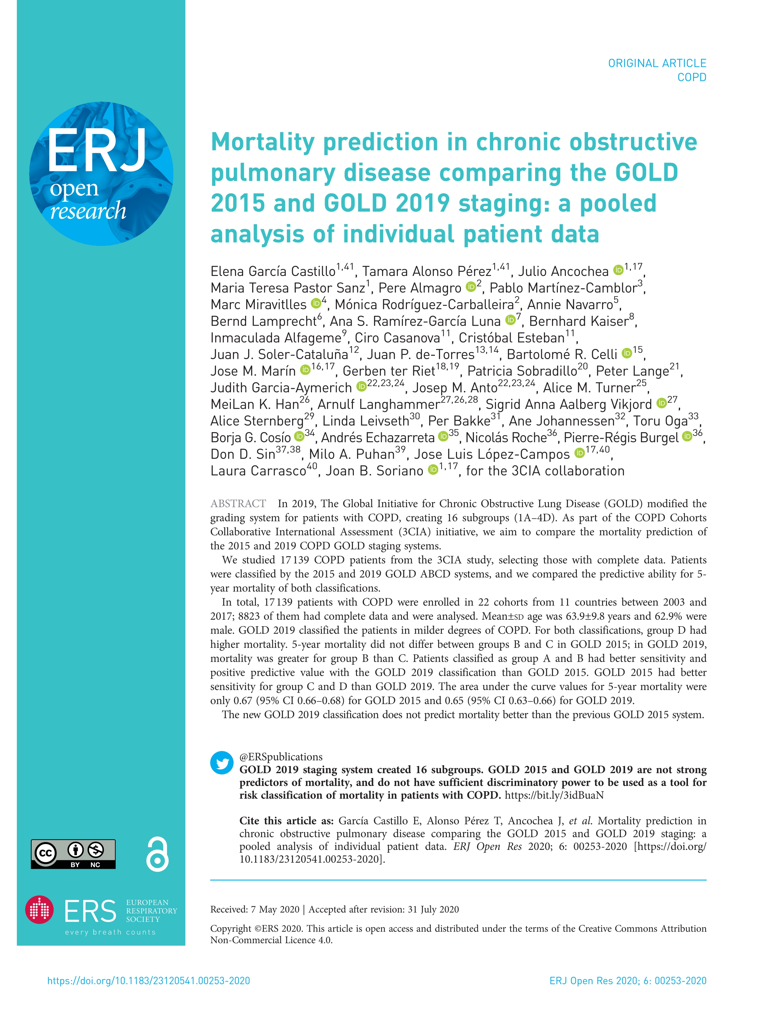 Mortality prediction in chronic obstructive pulmonary disease comparing the GOLD 2015 and GOLD 2019 staging: a pooled analysis of individual patient data