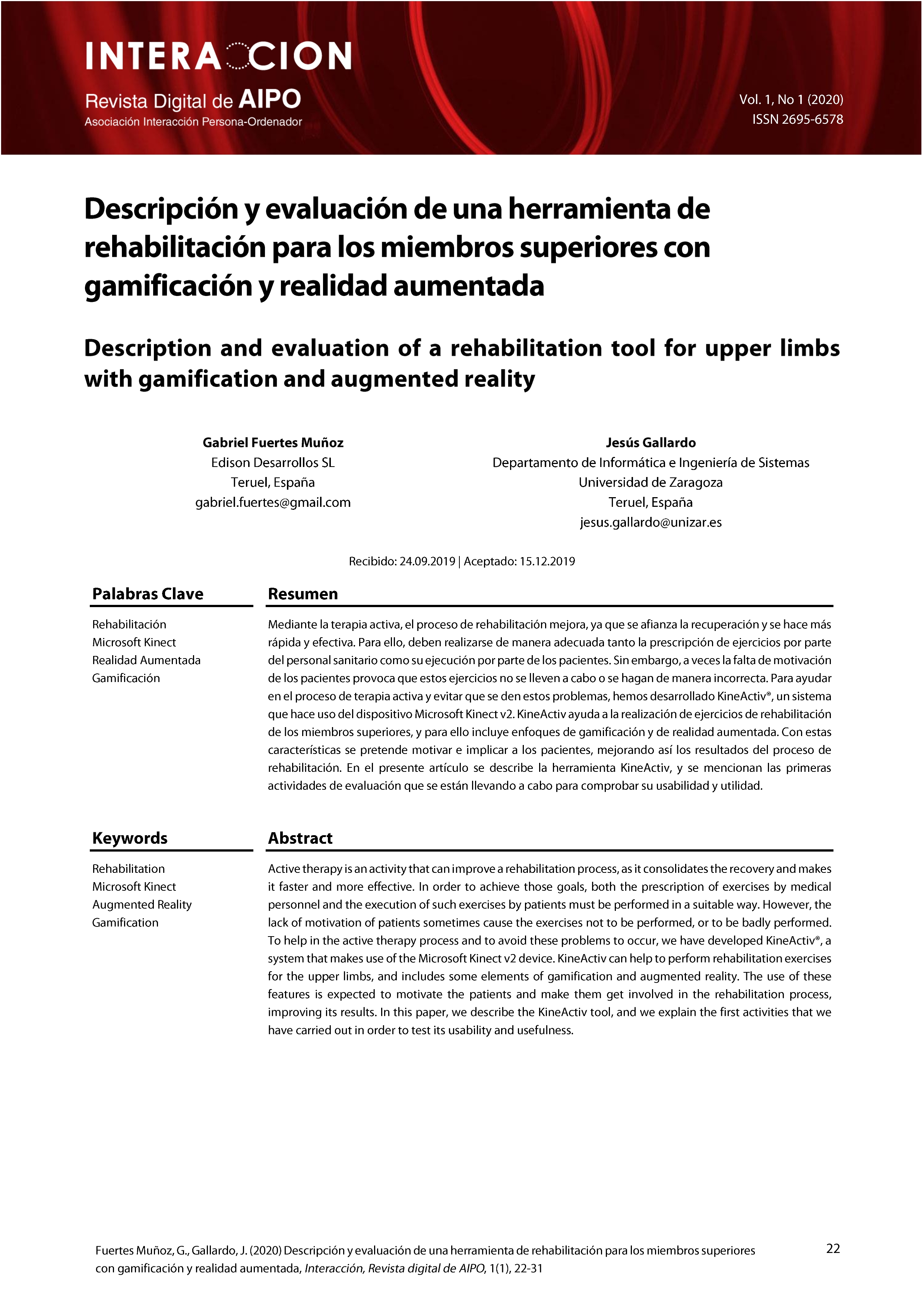 Descripción y evaluación de una herramienta de rehabilitación para los miembros superiores con gamificación y realidad aumentada
