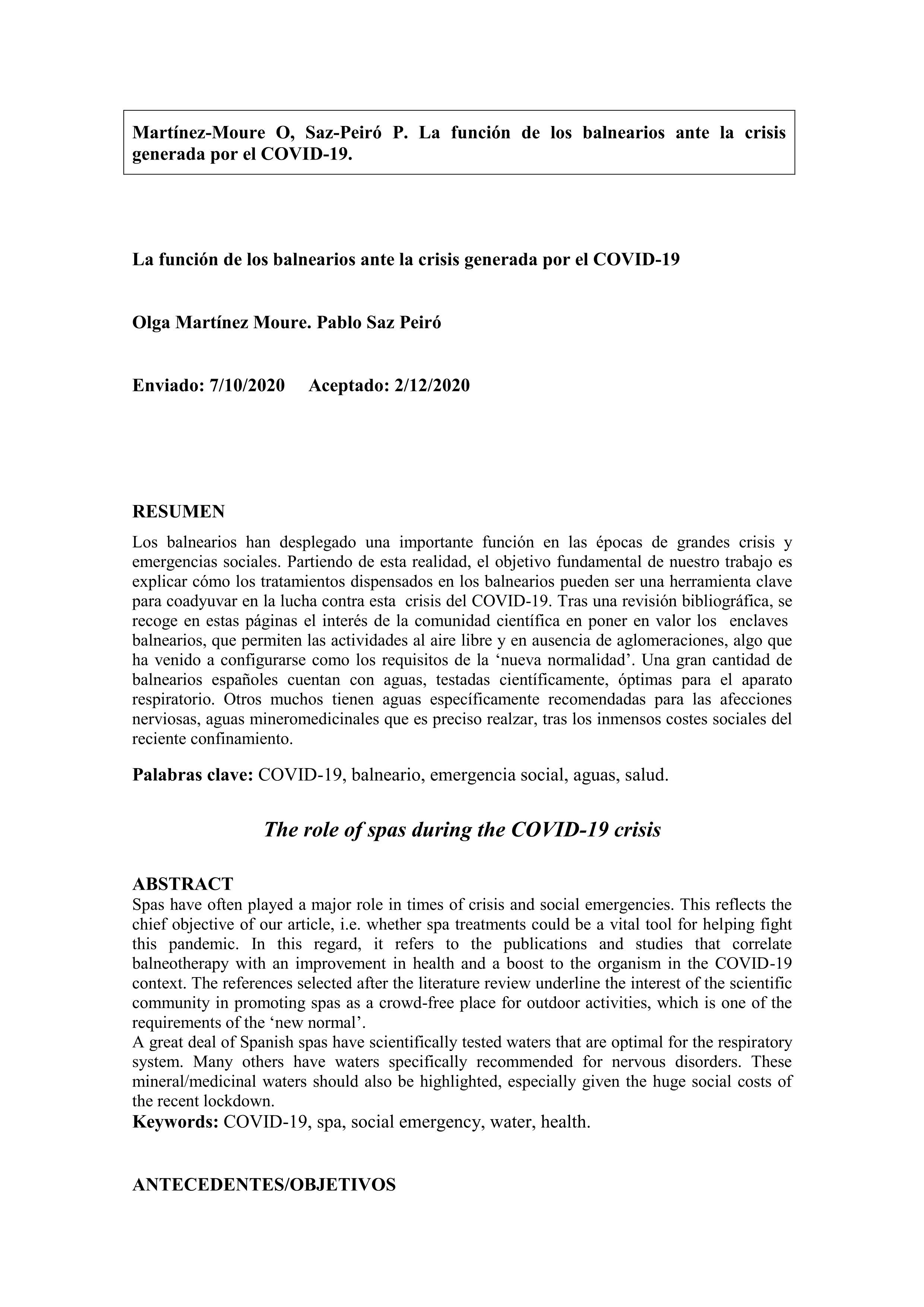 La función de los balnearios ante la crisis generada por el COVID-19.