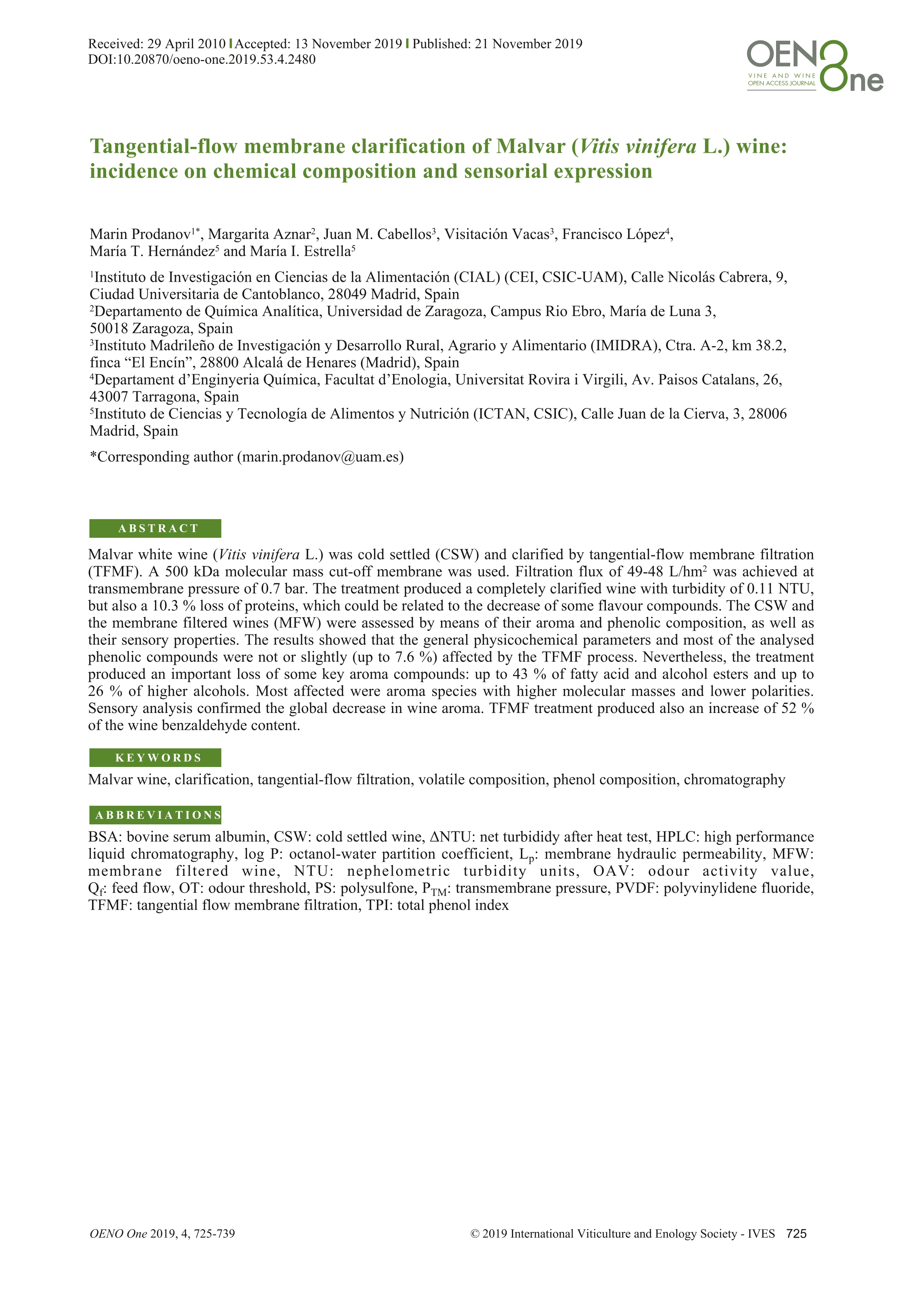 Tangential-flow membrane clarification of Malvar (Vitis vinifera L.) wine: incidence on chemical composition and sensorial expression