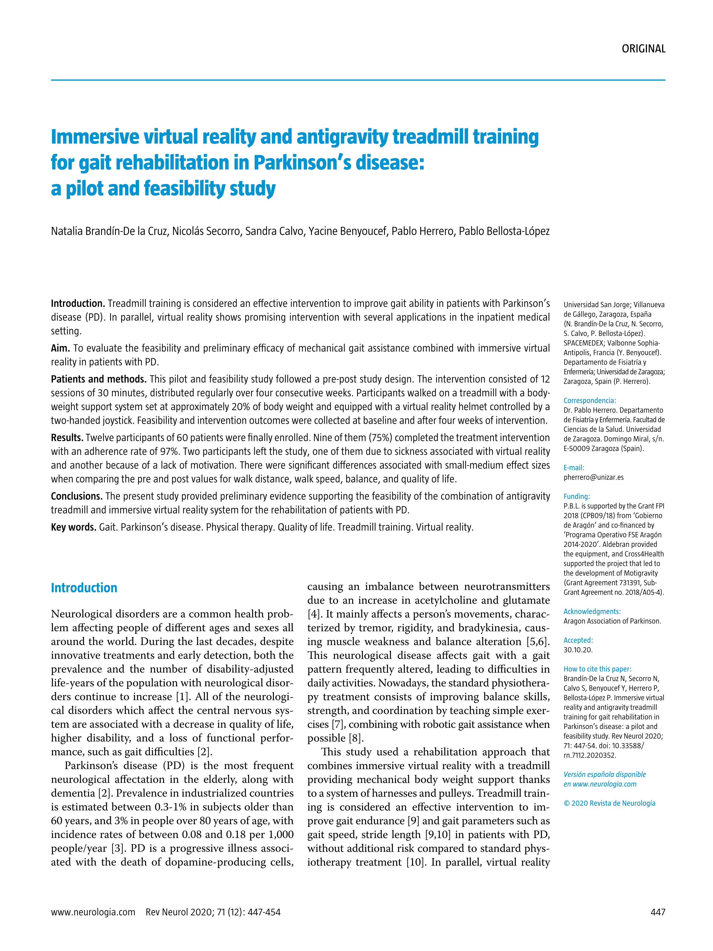 Immersive virtual reality and antigravity treadmill training for gait rehabilitation in Parkinson’s disease: A pilot and feasibility study