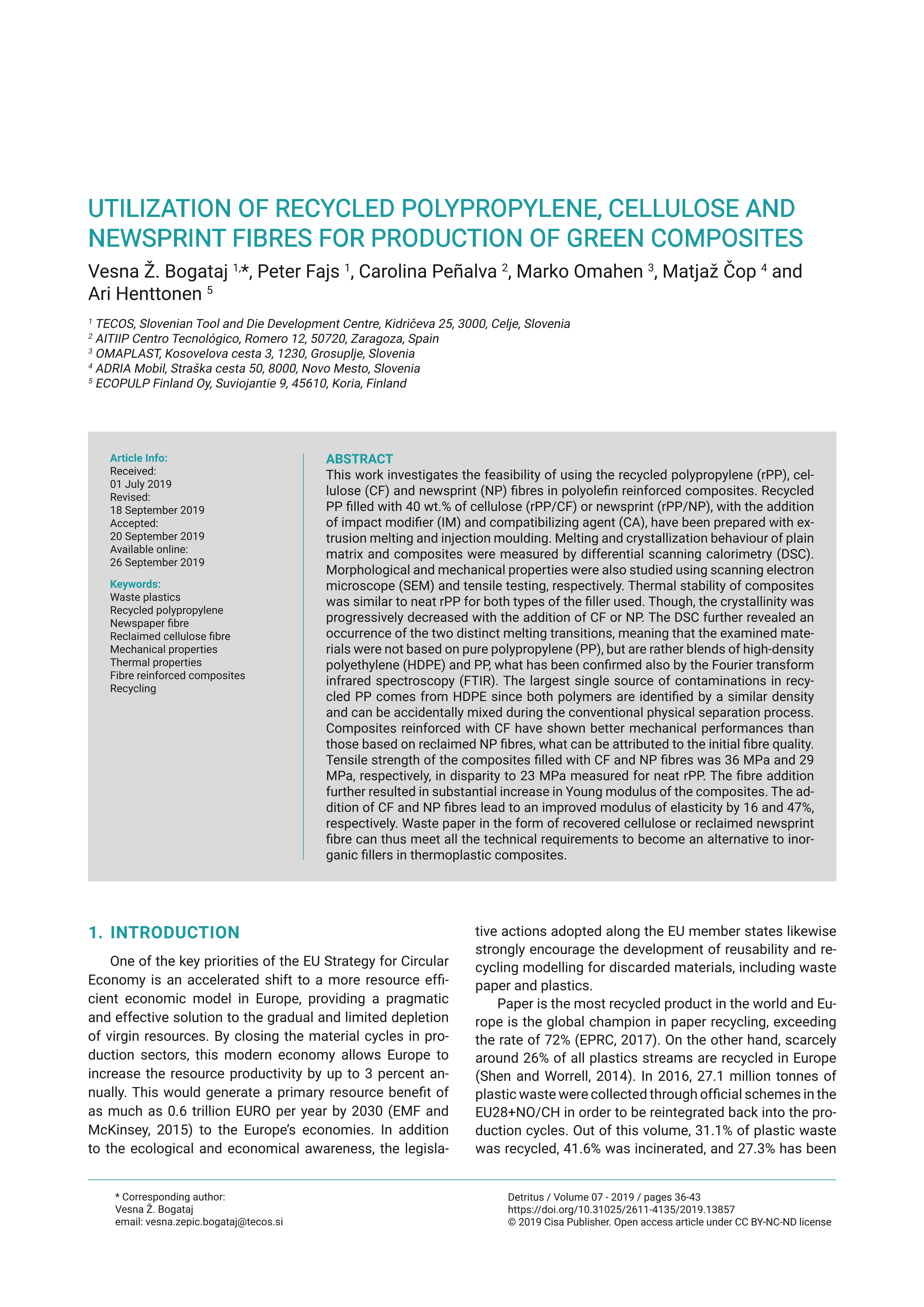 Utilization of recycled polypropylene, cellulose and newsprint fibres for production of green composites