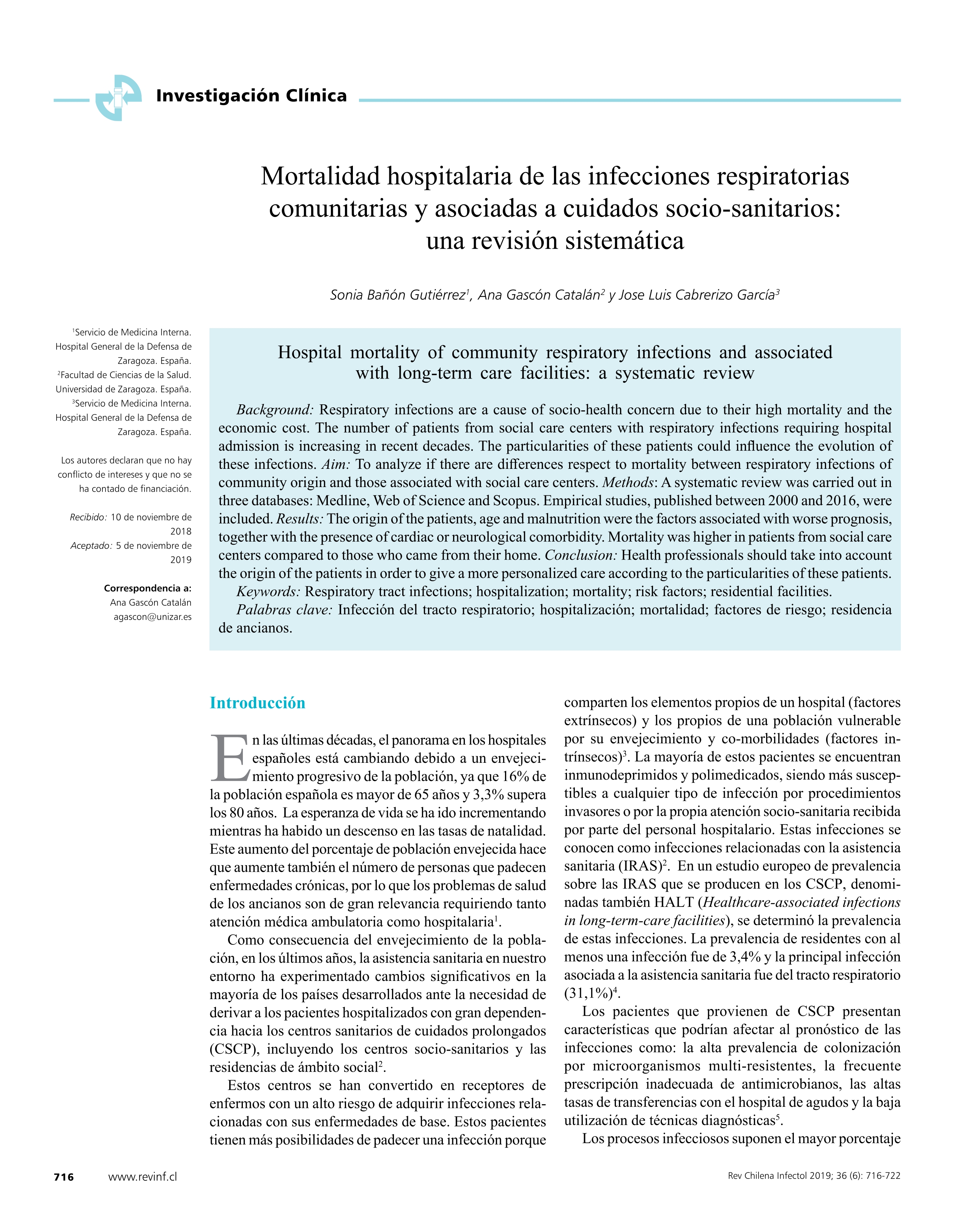 Hospital mortality of community respiratory infections and associated with long-term care facilities: A systematic review [Mortalidad hospitalaria de las infecciones respiratorias comunitarias y asociadas a cuidados socio-sanitarios: Una revisión sistemática]