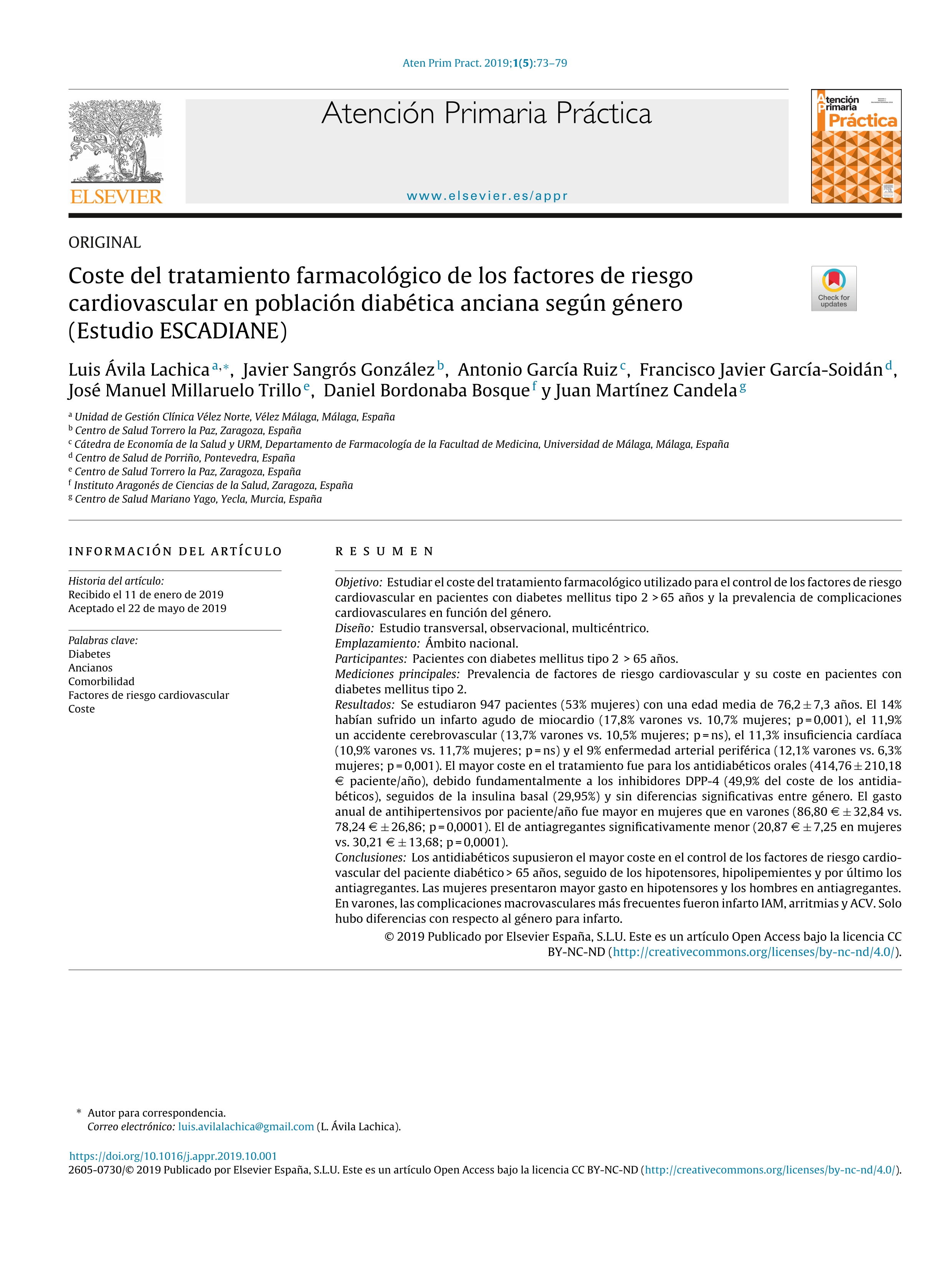 Coste del tratamiento farmacológico de los factores de riesgo cardiovascular en población diabética anciana según género (Estudio ESCADIANE)