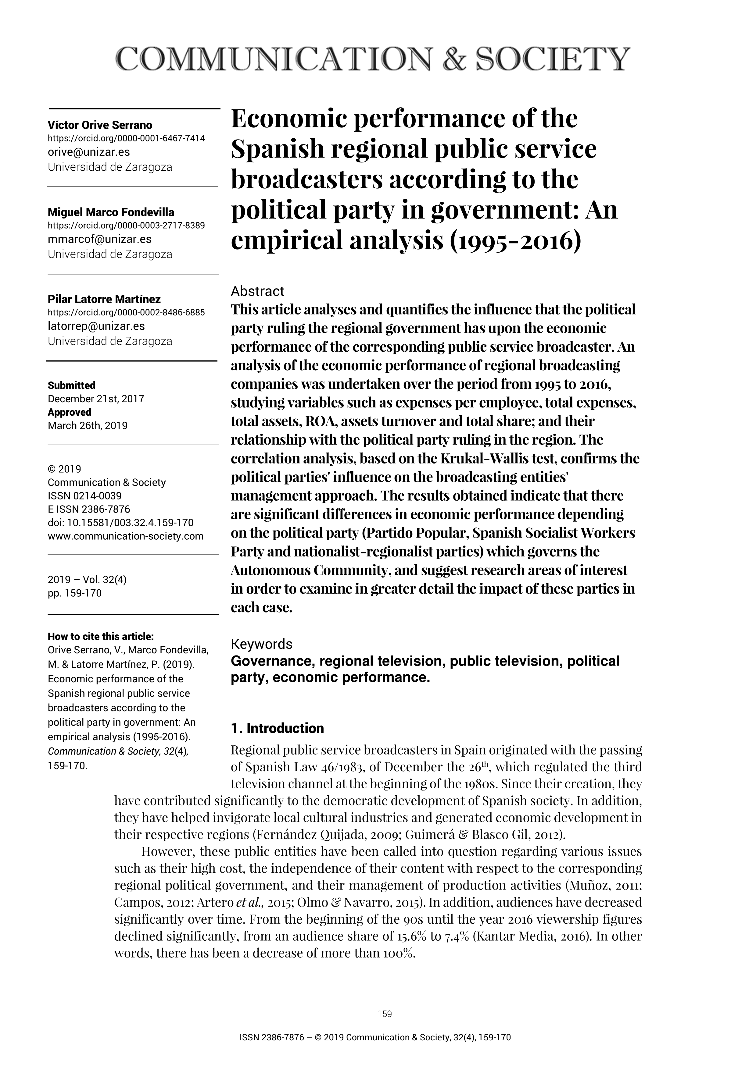 Economic performance of the Spanish regional public service broadcasters according to the political party in government: An empirical analysis (1995-2016)